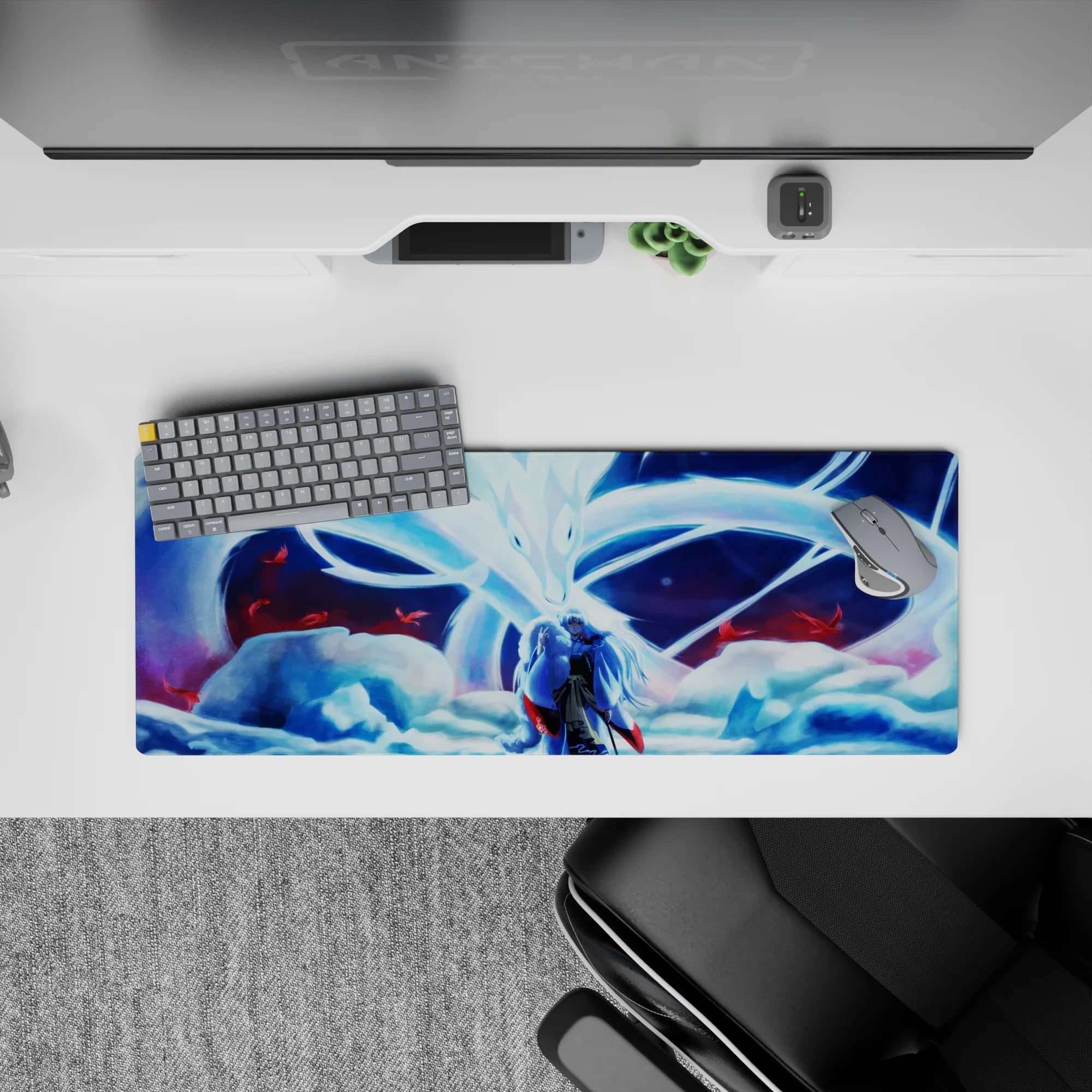 32x12 inches anime desk mat in icy blues with glowing moonlit fox tails, deep shadows, premium print.