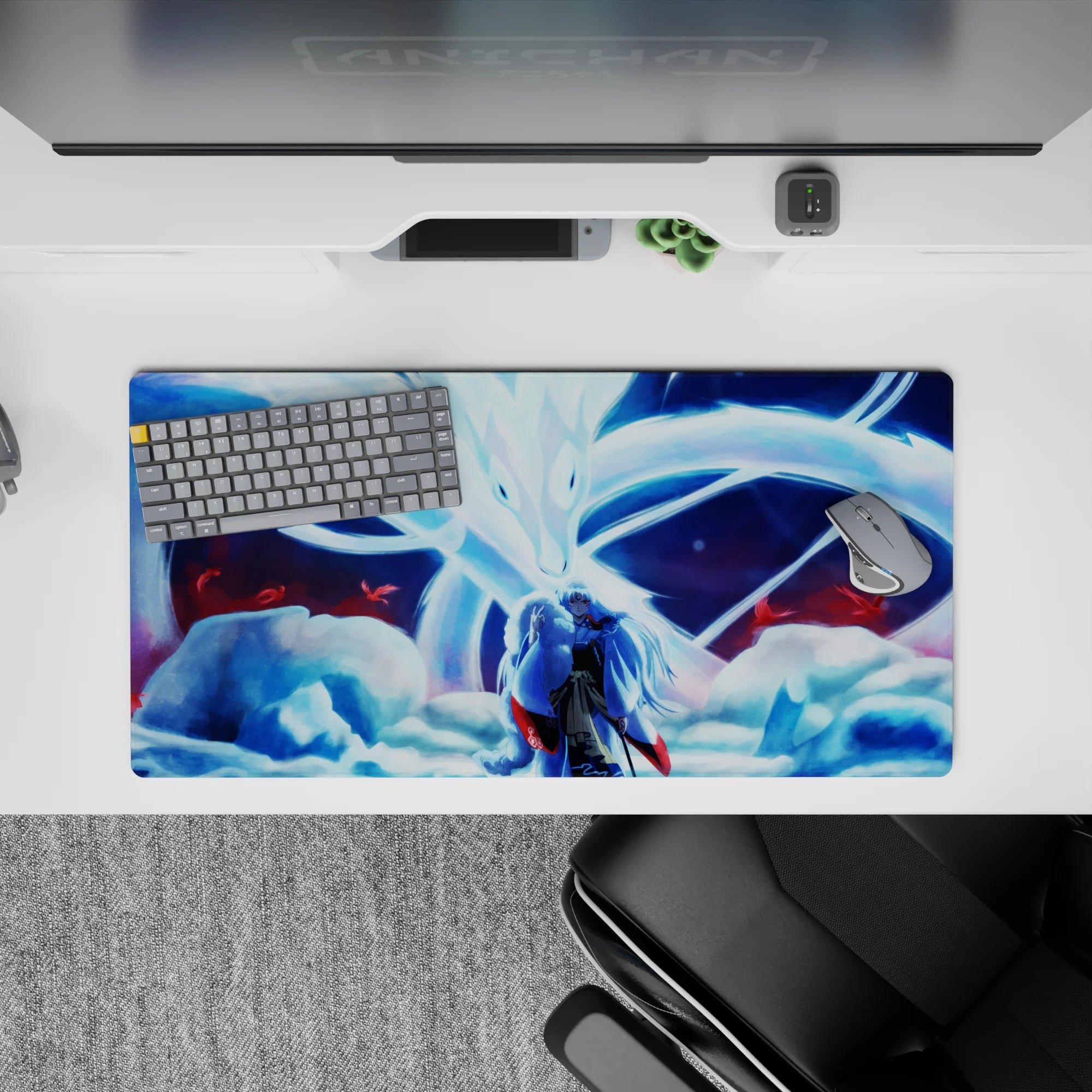32x16 inches anime mouse pad in icy blue moonlit tones, glowing whites, deep shadows, red petal accents.