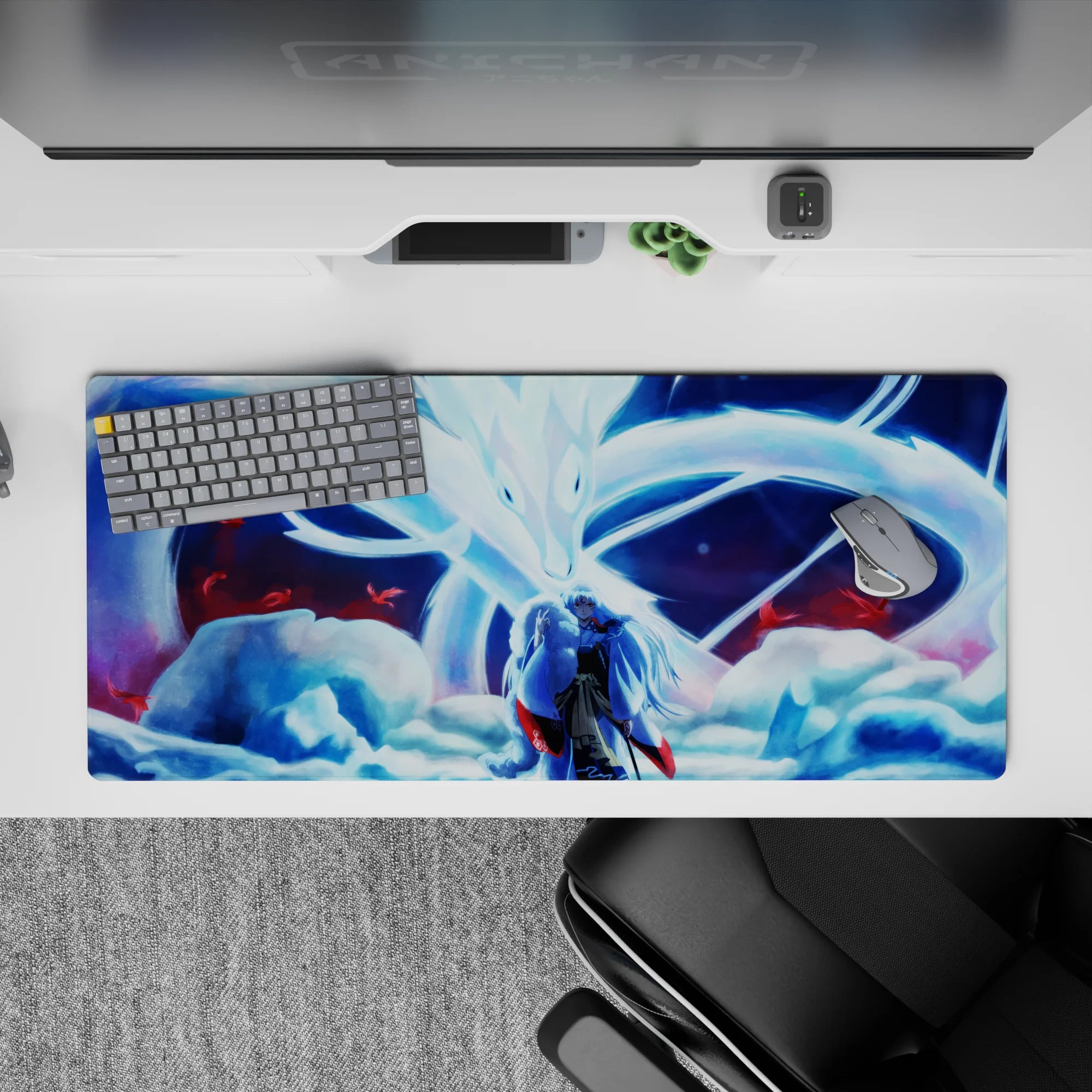 36x16 inches anime desk pad in icy blues and bright whites, moonlit glow with a hint of red danger.