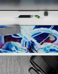 36x16 inches anime desk pad in icy blues and bright whites, moonlit glow with a hint of red danger.