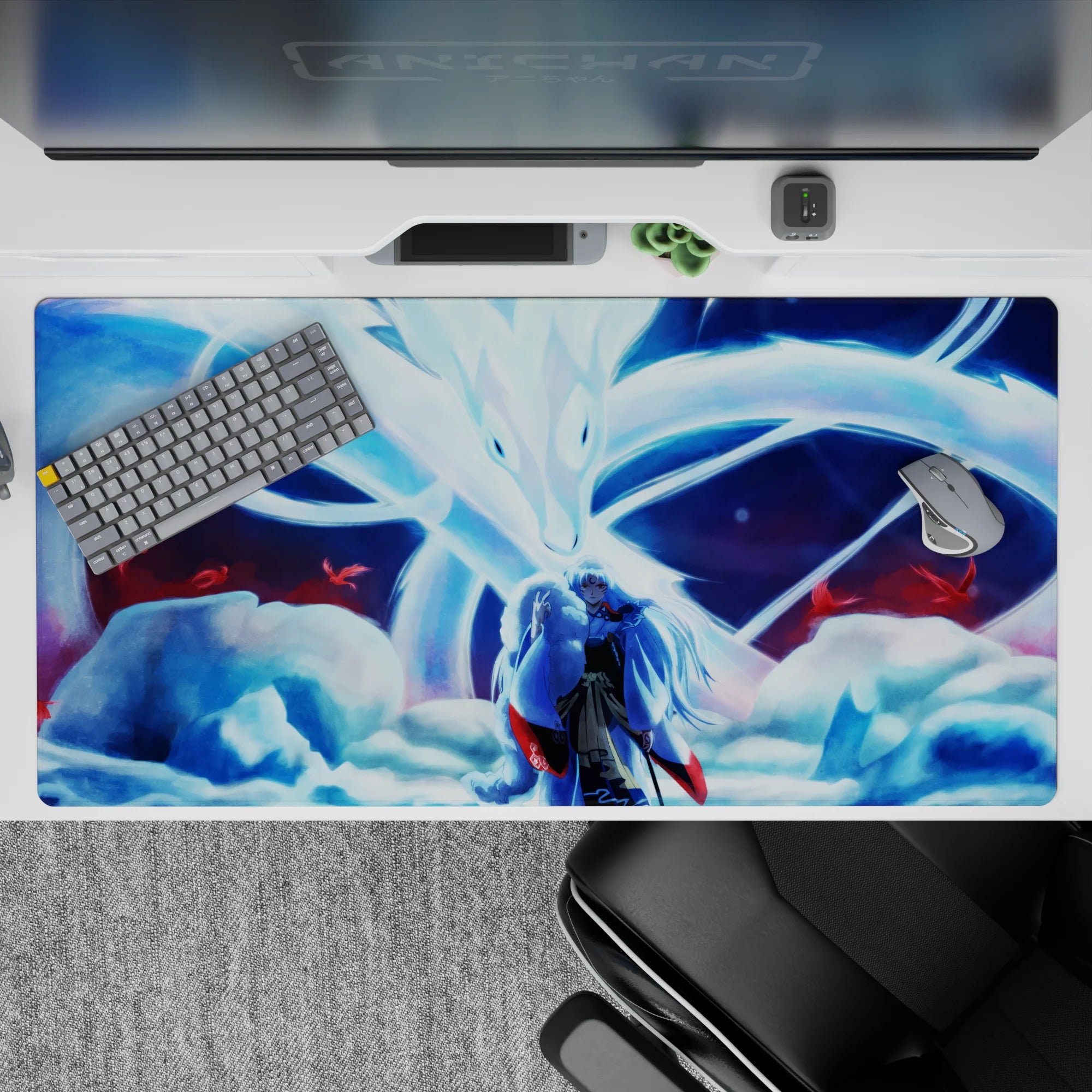 Blue-toned anime desk pad 40x20 inches, icy night glow with moonlit fox tails and sharp white shadows.