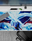 Blue-toned anime desk pad 40x20 inches, icy night glow with moonlit fox tails and sharp white shadows.