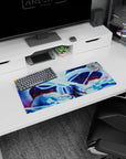 Silver-haired swordsman in layered robes with moonlit nine-tailed fox behind, anime mouse pad 28x12 inches.