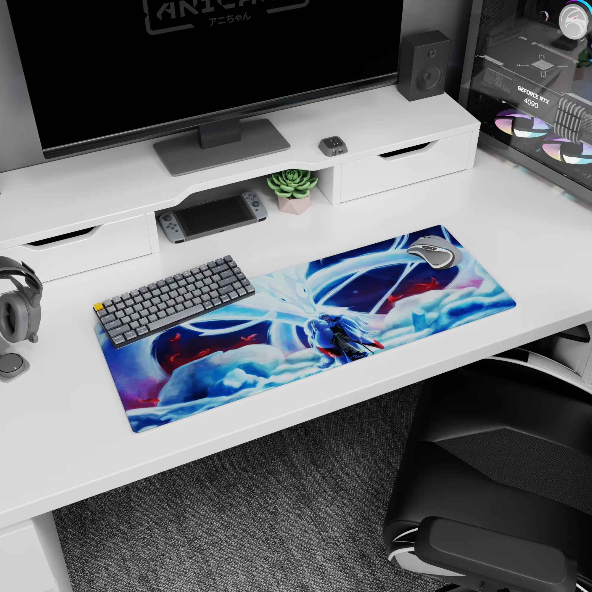 32x12 inches anime mouse pad showing a robed silver-haired swordsman before a colossal nine-tailed fox.