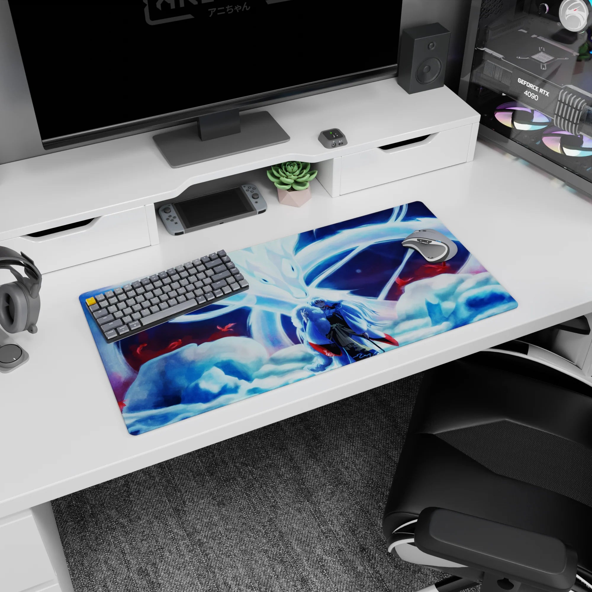 32x16 inches anime mouse pad showing a robed silver-haired warrior before a colossal nine-tailed fox arc.