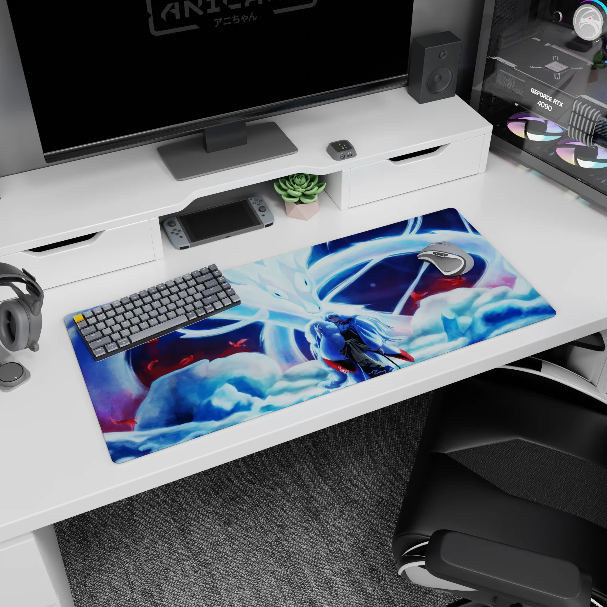 36x16 inches anime desk pad showing robed silver-haired swordsman before a colossal nine-tailed fox arc.