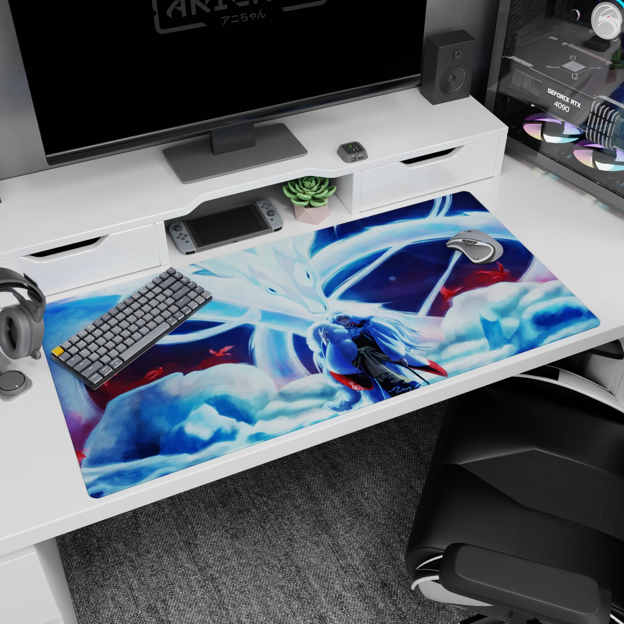 Silver-haired warrior in layered robes on anime desk pad 40x20 inches, fox spirit arcing behind him.