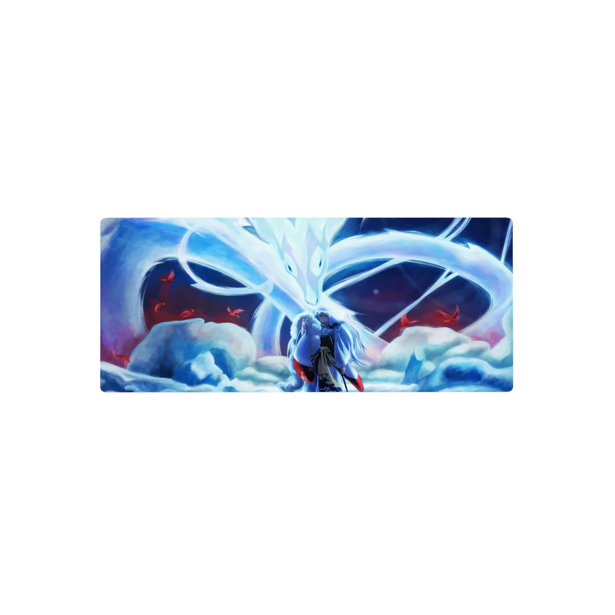 Anime mouse pad 28x12 inches with silver-haired warrior and nine-tailed fox spirit, drifting petals.