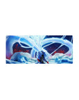 Anime mouse pad 28x12 inches with silver-haired warrior and nine-tailed fox spirit, drifting petals.