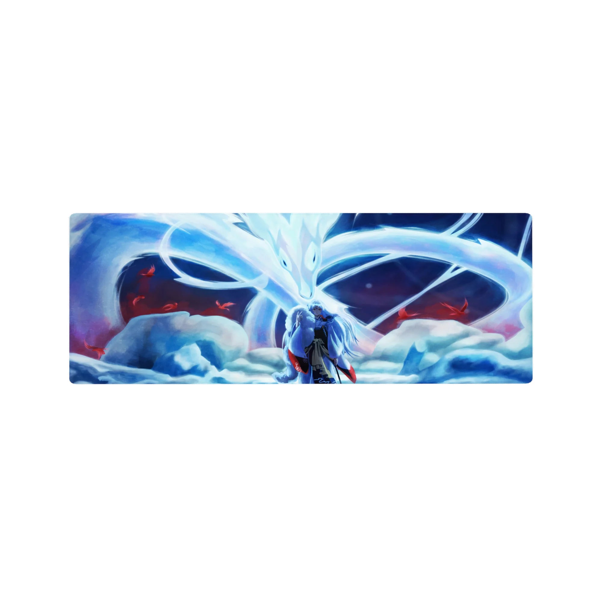 32x12 inches anime mouse pad with silver-haired warrior and nine-tailed fox spirit, drifting red petals.