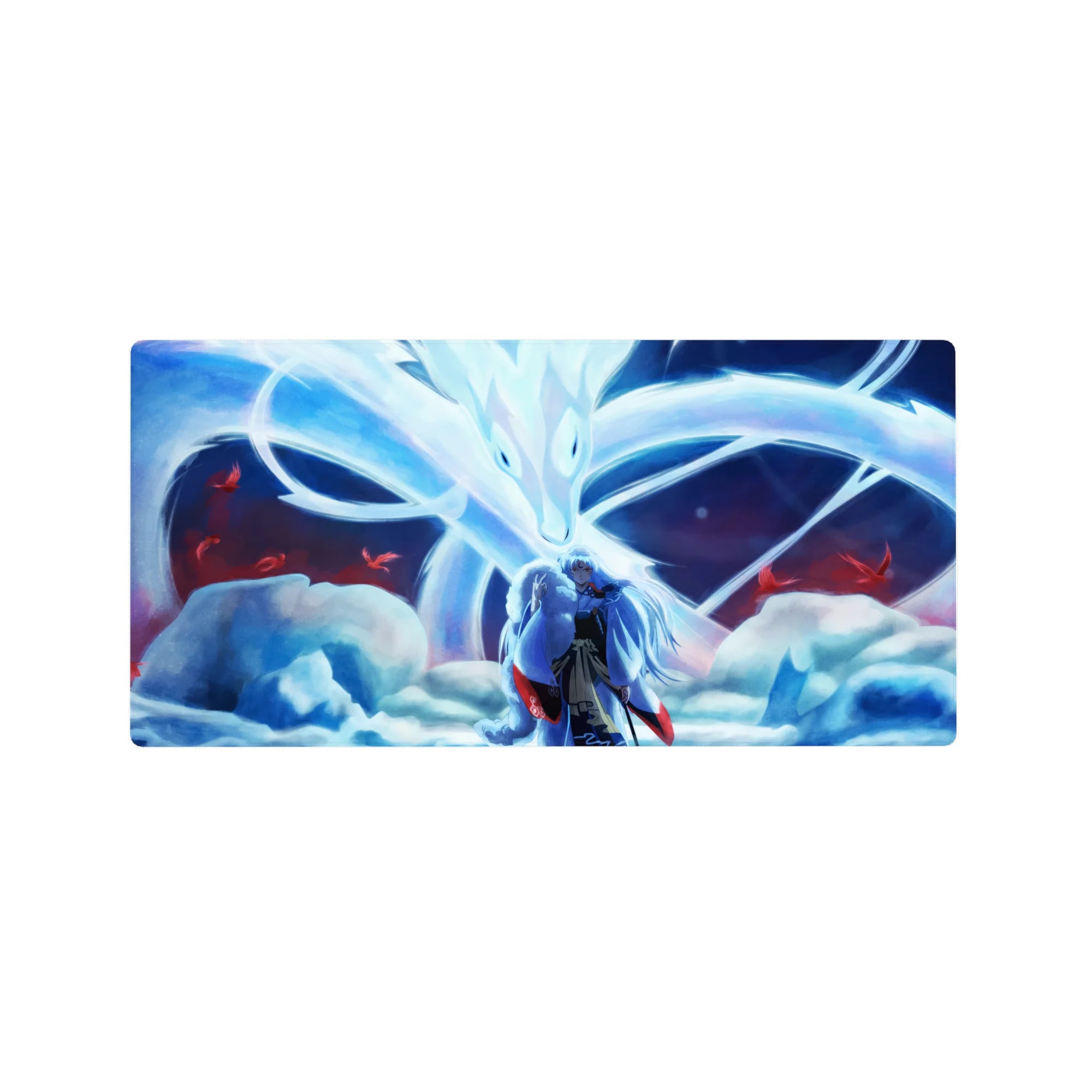 32x16 inches anime mouse pad with silver-haired warrior and nine-tailed fox spirit, red petals drifting.