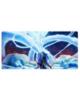 32x16 inches anime mouse pad with silver-haired warrior and nine-tailed fox spirit, red petals drifting.
