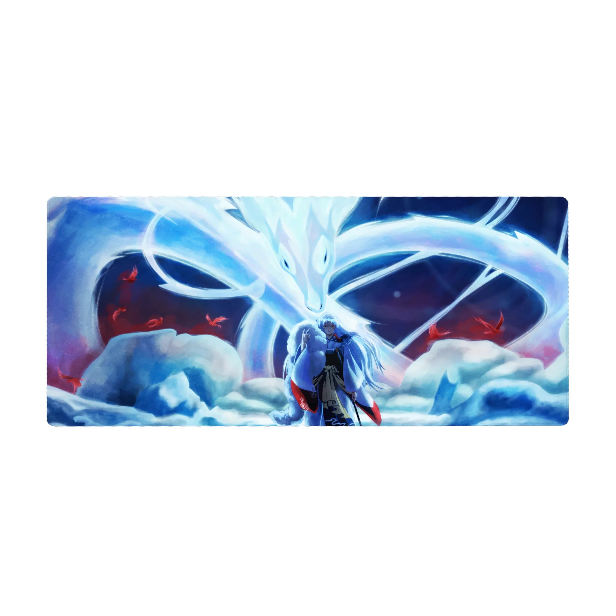36x16 inches anime desk pad with silver-haired warrior and nine-tailed fox spirit, drifting red petals.