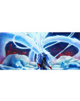 36x16 inches anime desk pad with silver-haired warrior and nine-tailed fox spirit, drifting red petals.