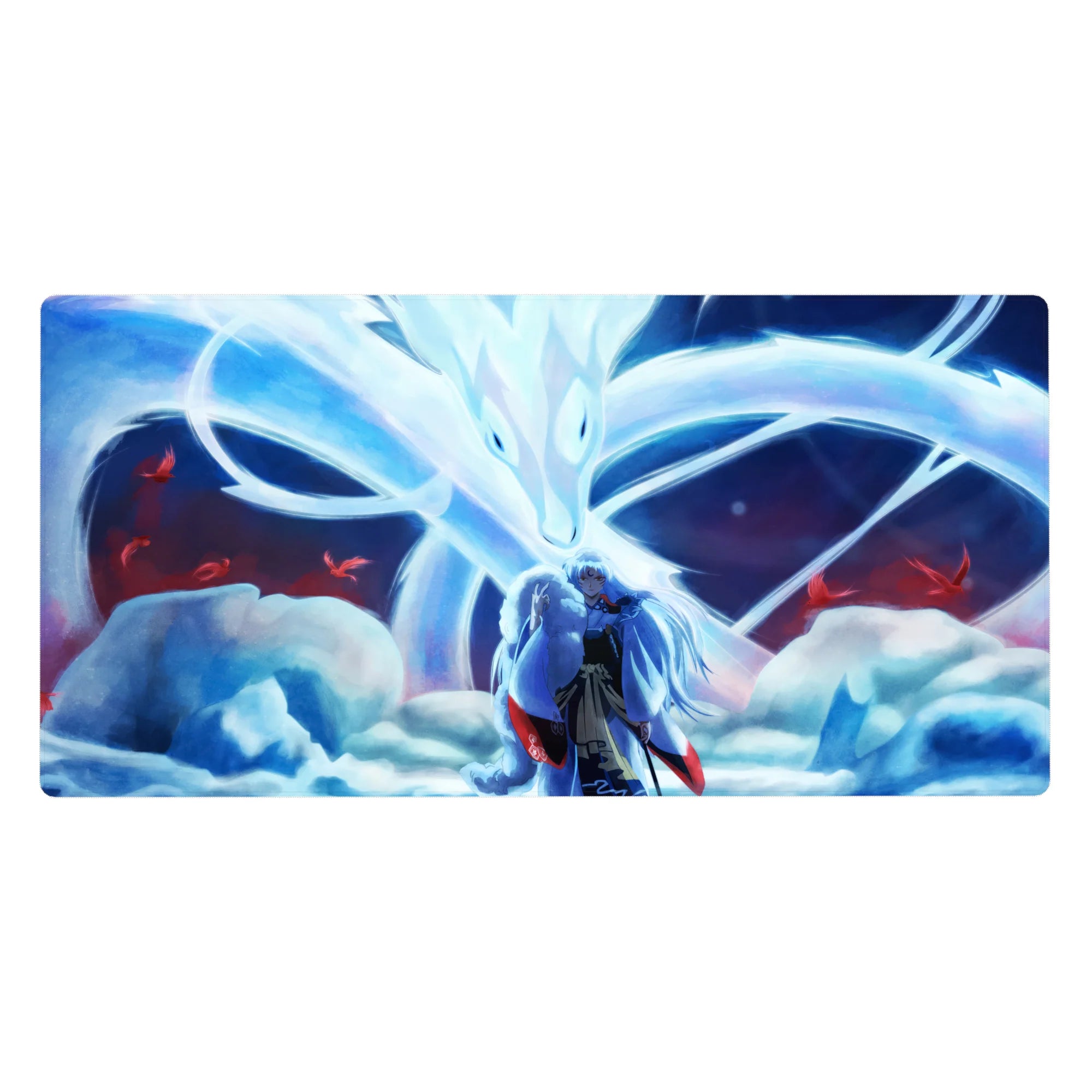 Anime desk pad 40x20 inches with silver-haired warrior and nine-tailed fox spirit, drifting red petals.
