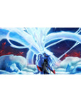 Anime desk pad 40x20 inches with silver-haired warrior and nine-tailed fox spirit, drifting red petals.