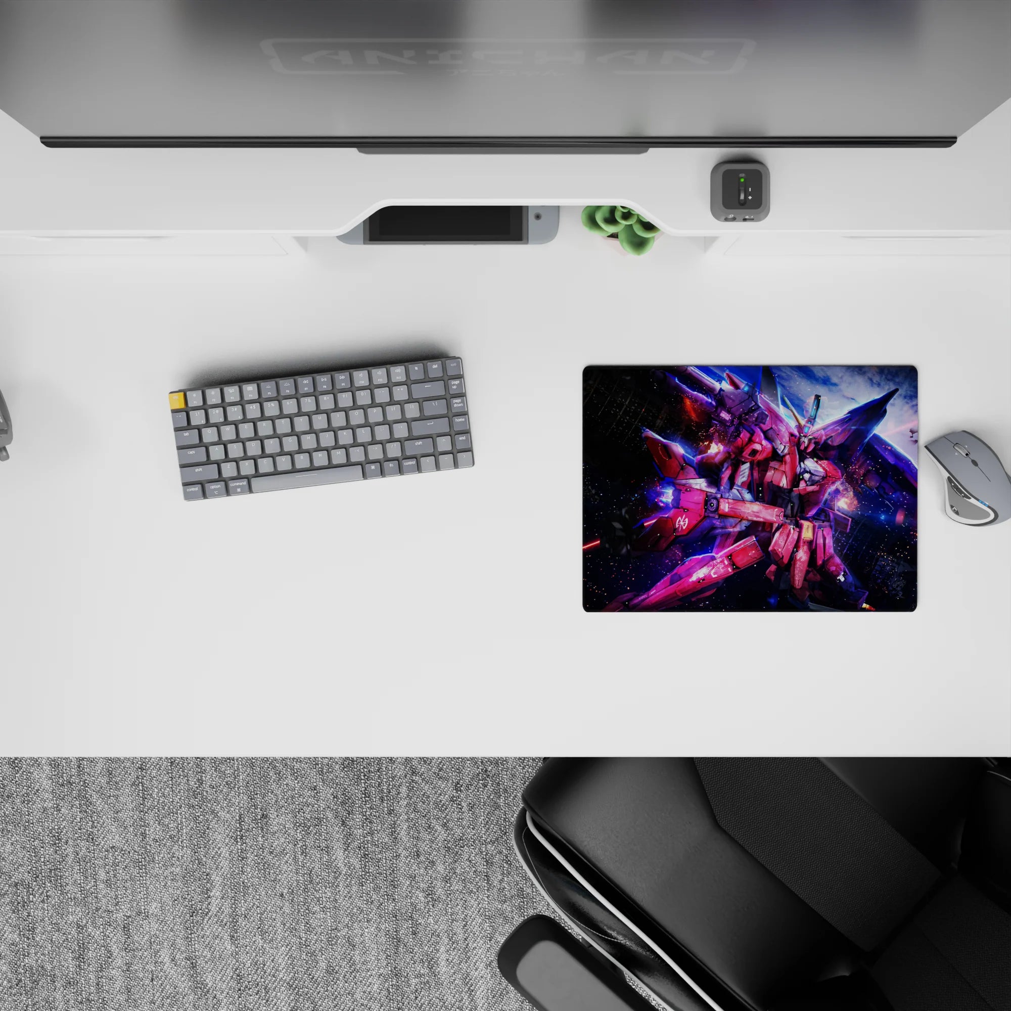 14x10 inches anime mouse pad in pink and crimson with neon blue glow, fast lasers, and sparks.