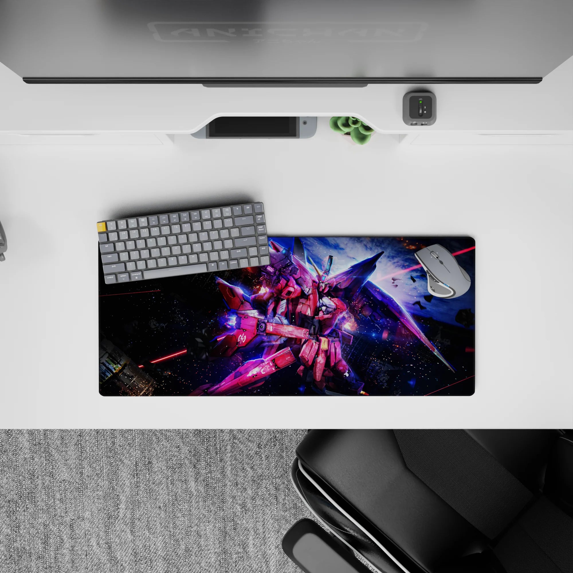 28x12 inches anime mouse pad in pink and crimson with neon blue glow, fast cosmic action mood.