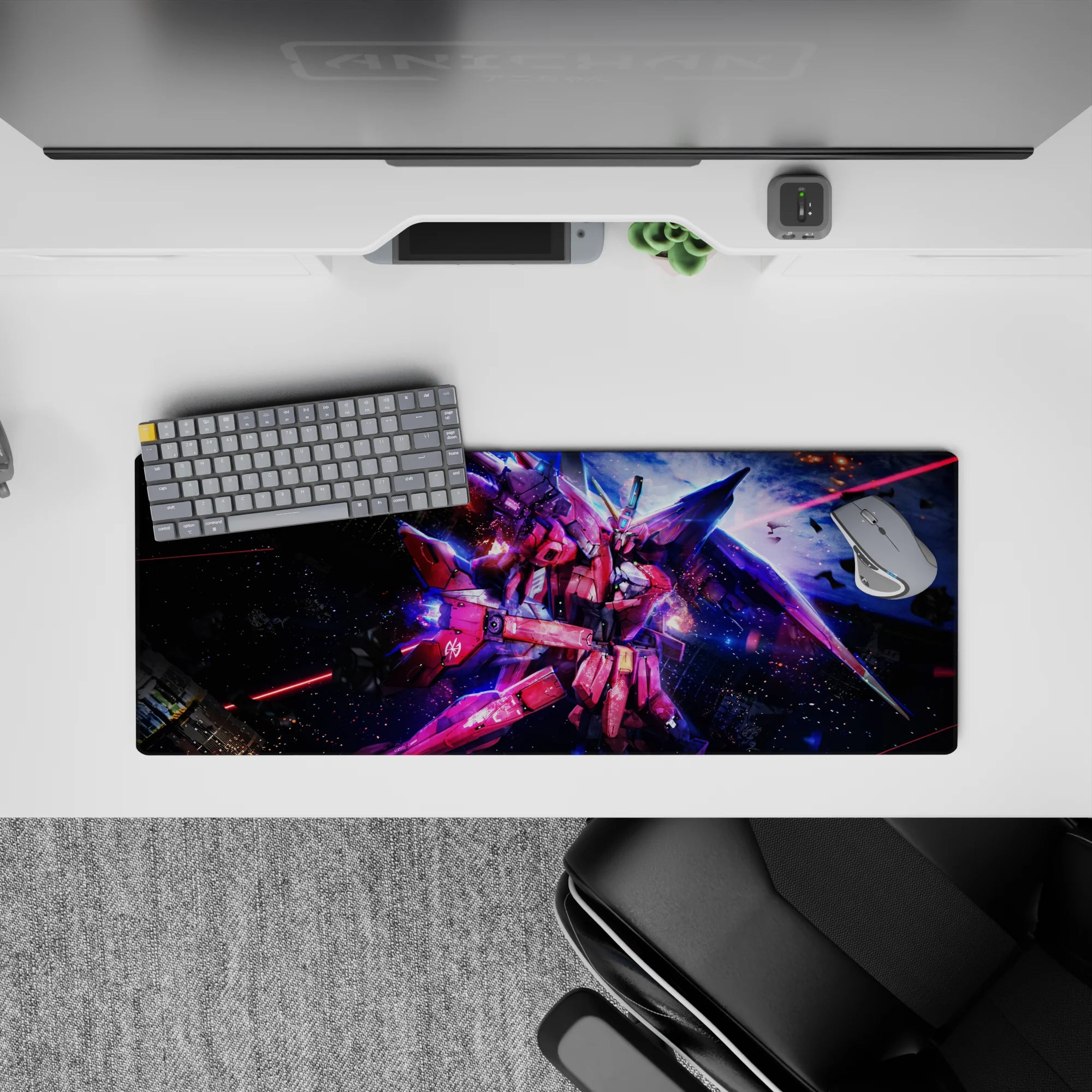 32x12 inches anime mouse pad in pink and crimson with neon blue glow, fast laser streaks, reckless space vibe.