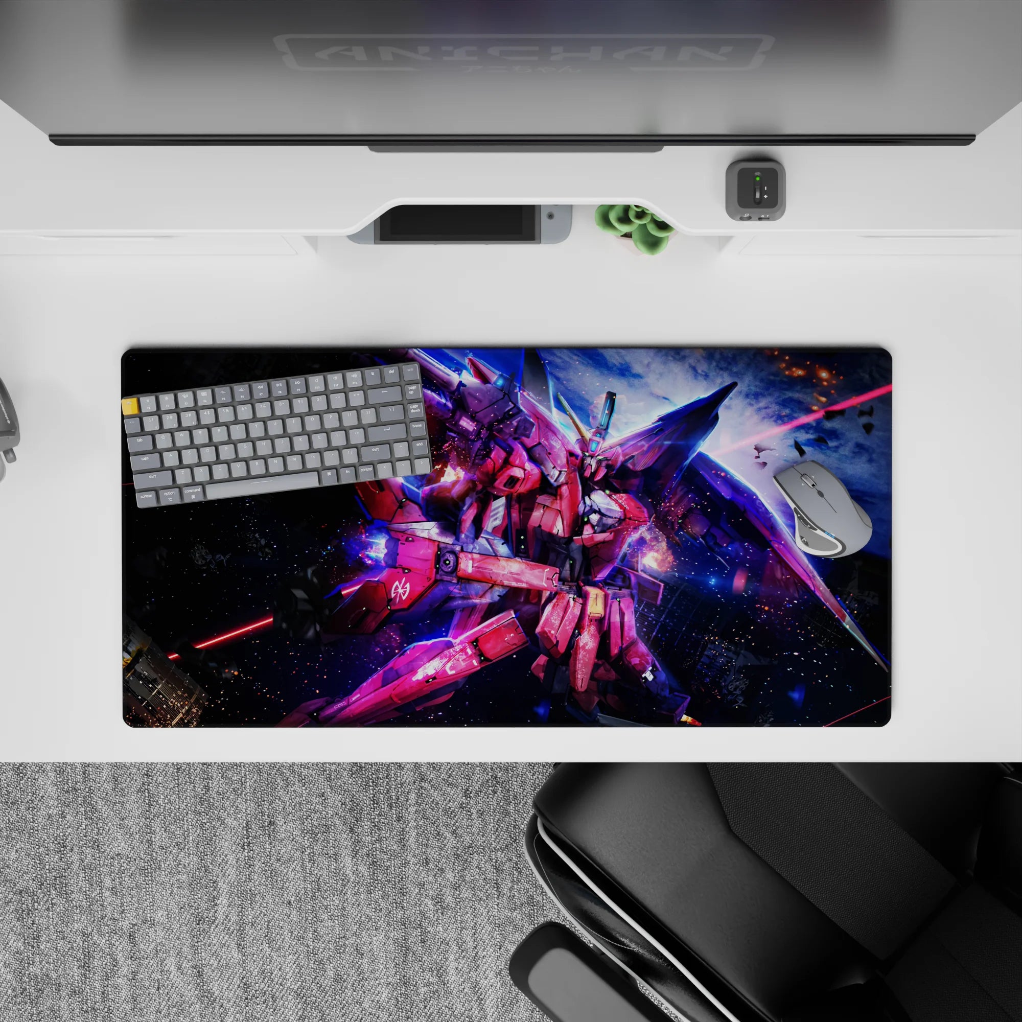 32x16 inches anime mouse pad in pink and crimson with neon blue highlights and a reckless sci-fi vibe.