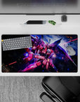 32x16 inches anime mouse pad in pink and crimson with neon blue highlights and a reckless sci-fi vibe.