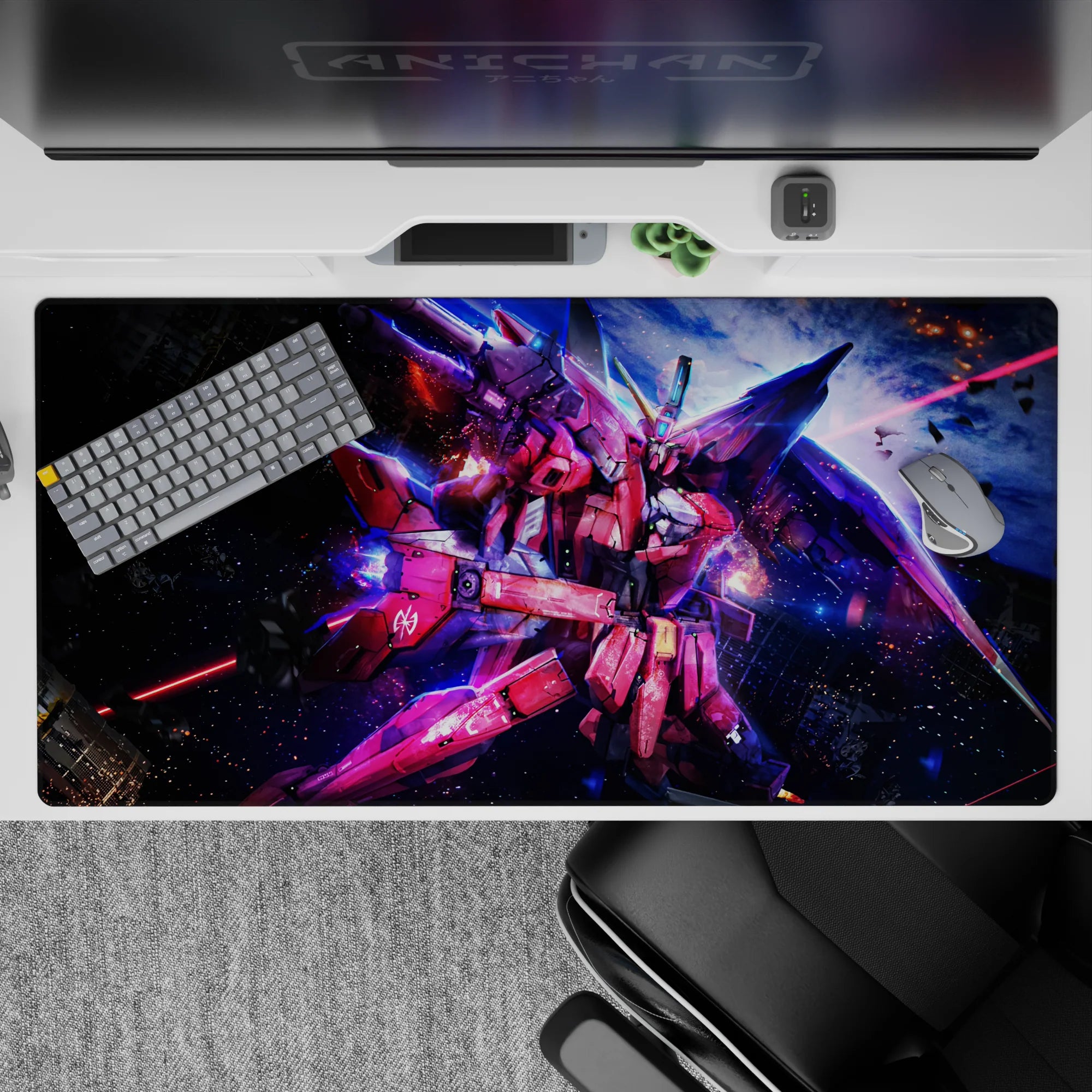 40x20 inches anime desk pad in pink and crimson with neon blue glow, fast sci-fi vibe and starfield energy.