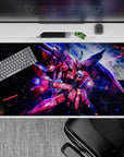 40x20 inches anime desk pad in pink and crimson with neon blue glow, fast sci-fi vibe and starfield energy.
