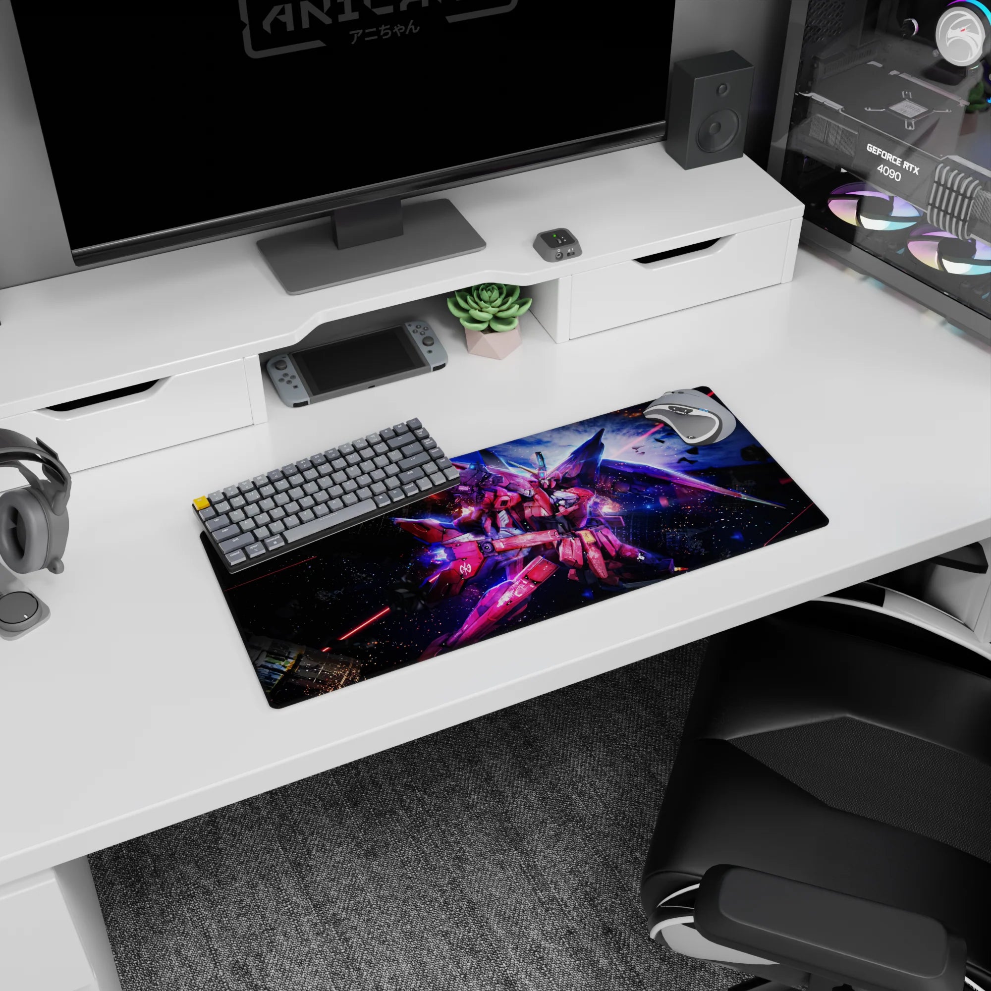28x12 inches Gundam SEED mouse pad showing ZGMF-X19A Infinite Justice amid lasers and sparks.