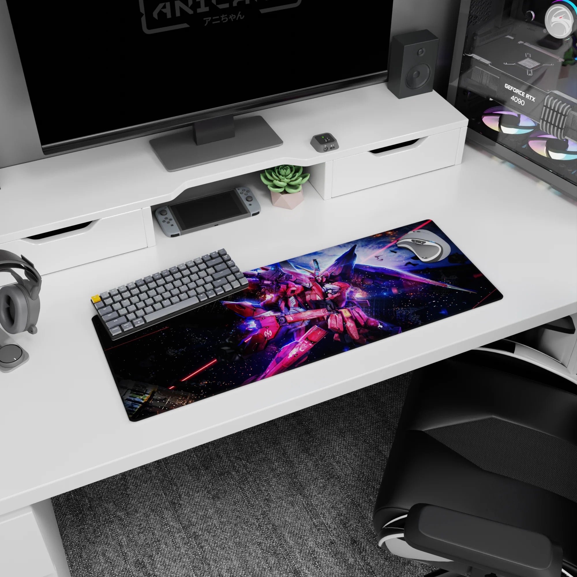 32x12 inches Gundam SEED mouse pad featuring Infinite Justice Gundam slashing through starry debris and sparks.