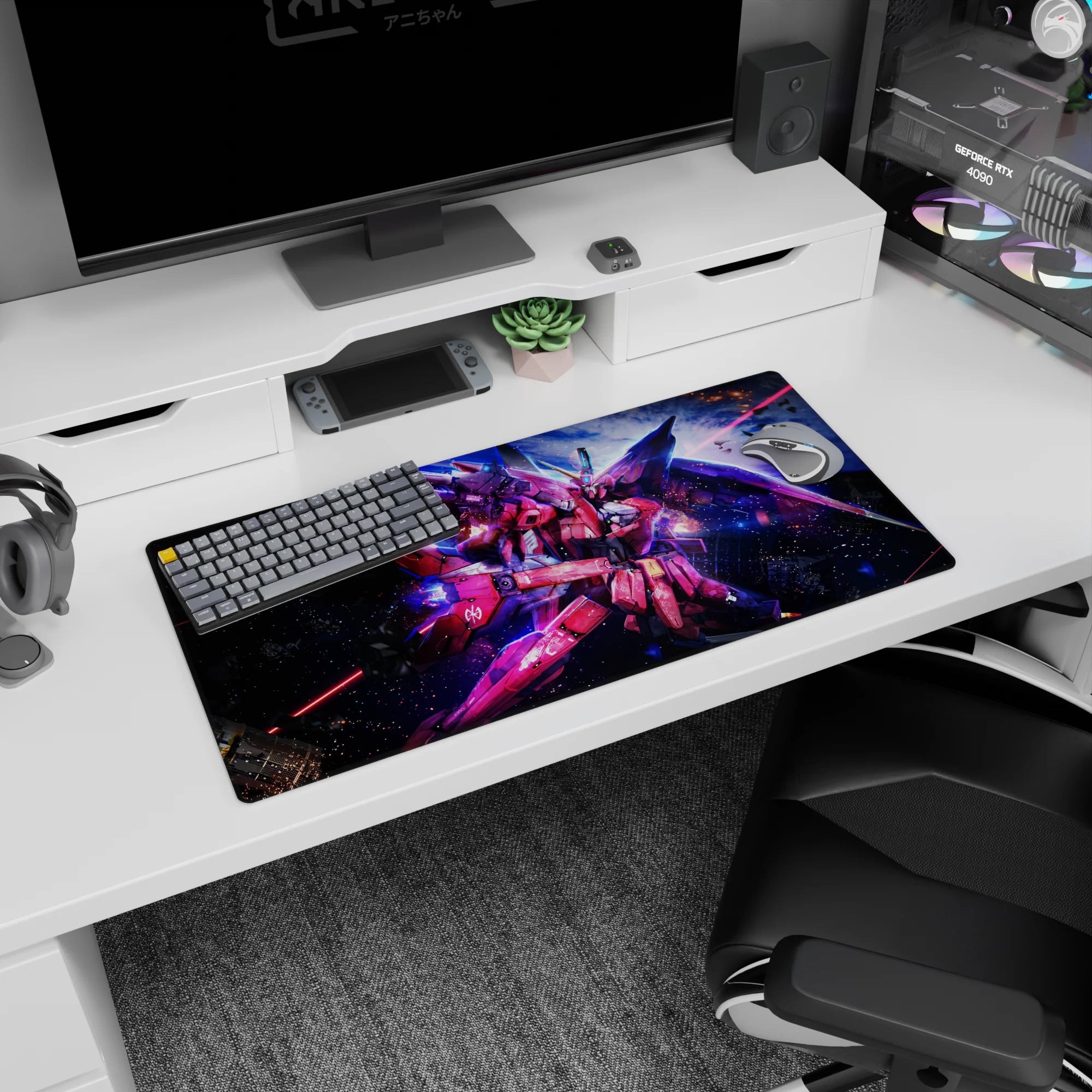 32x16 inches anime mouse pad showing ZGMF-X19A Infinite Justice Gundam slashing past lasers and sparks.