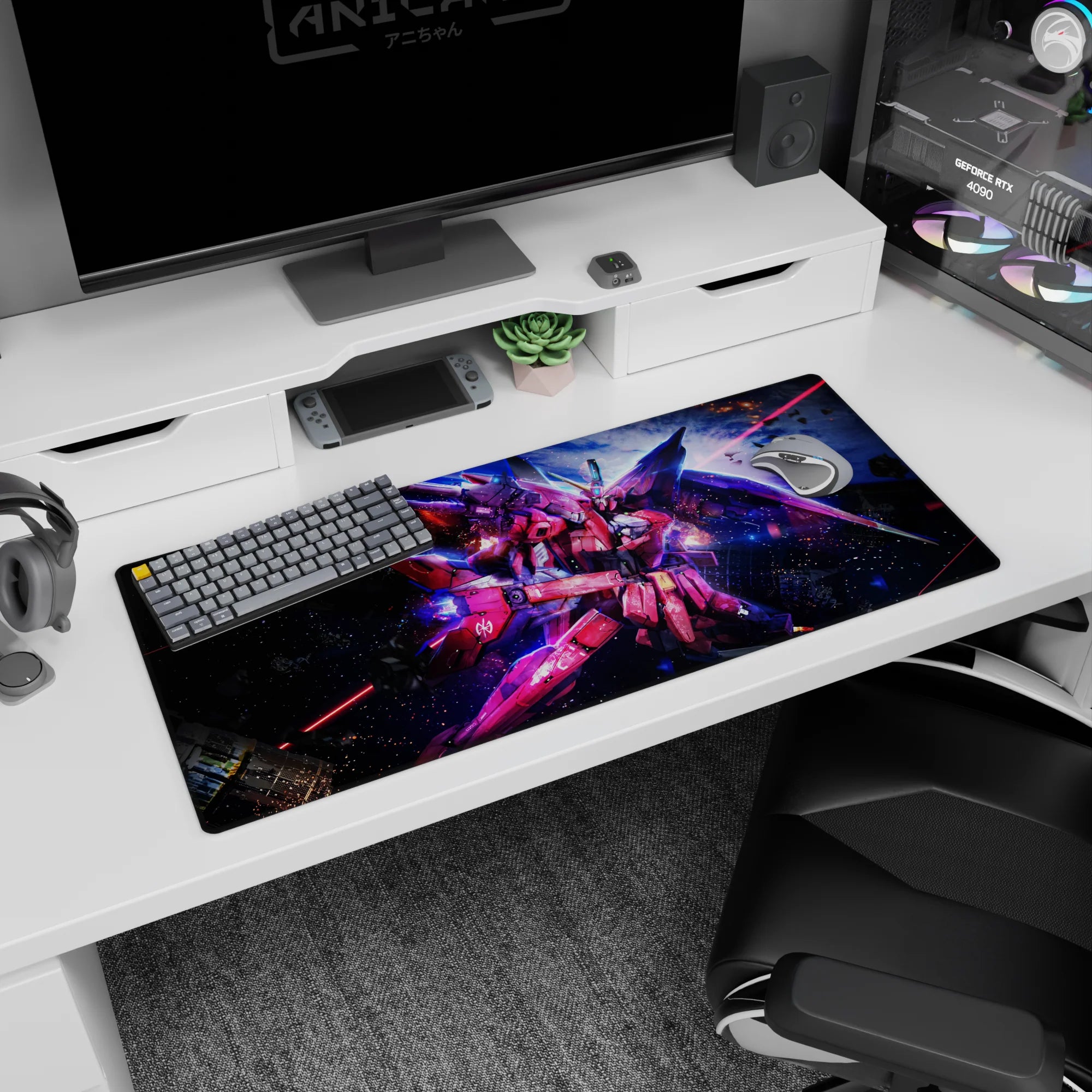 36x16 inches anime desk pad showing ZGMF-X19A Infinite Justice Gundam slicing starry debris at speed.