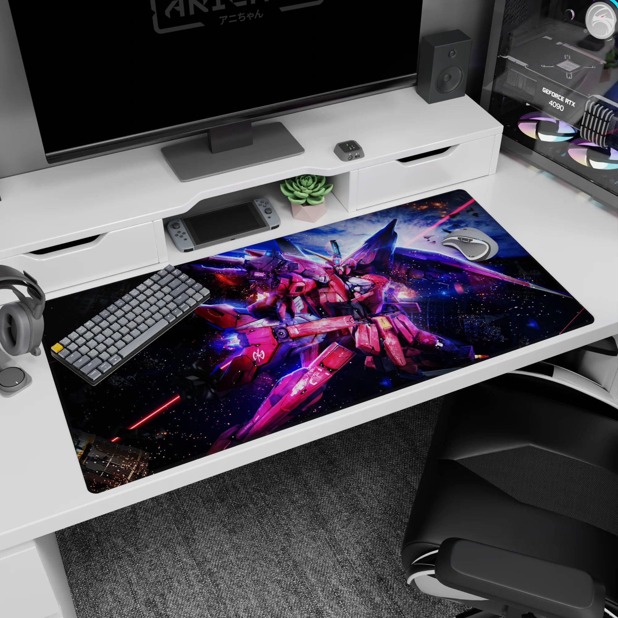 40x20 inches Gundam SEED desk pad featuring Infinite Justice Gundam slicing through space with laser streaks.