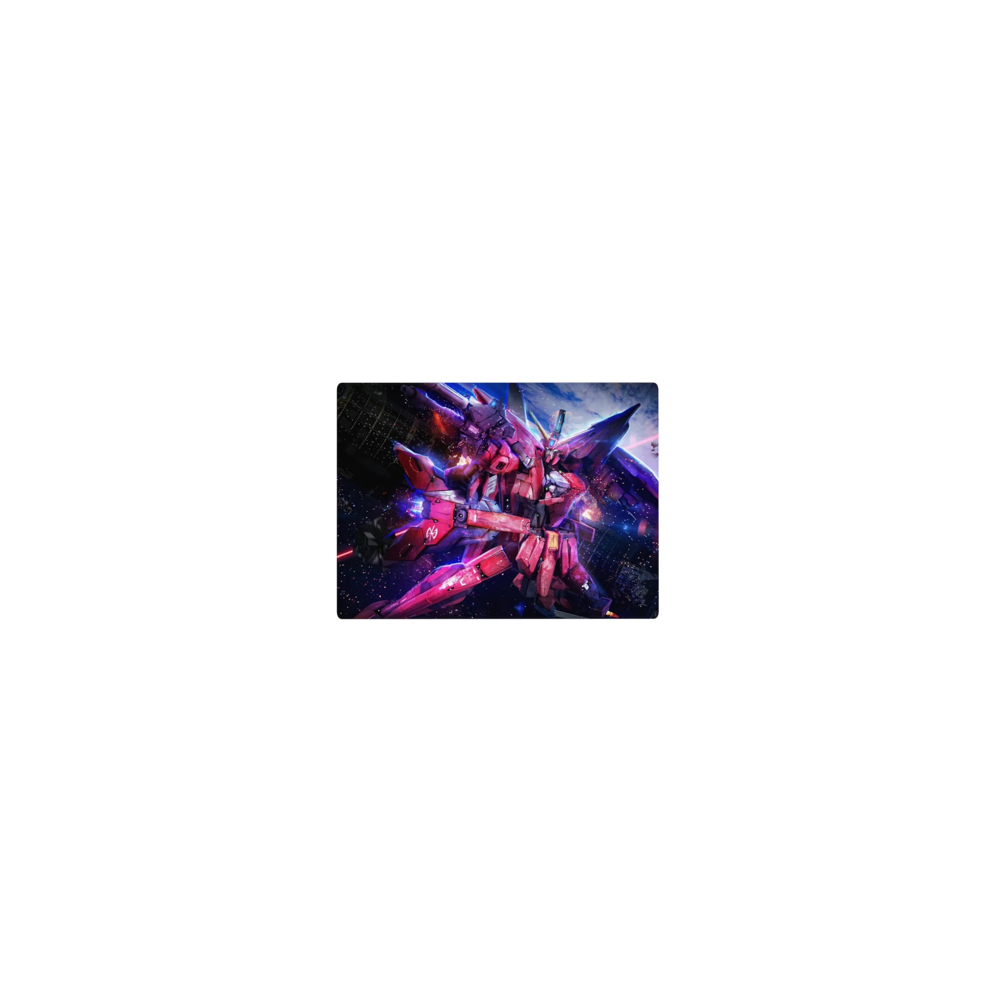 Classic anime mouse pad 14x10 inches with Infinite Justice Gundam in a cosmic sci-fi cockpit backdrop.