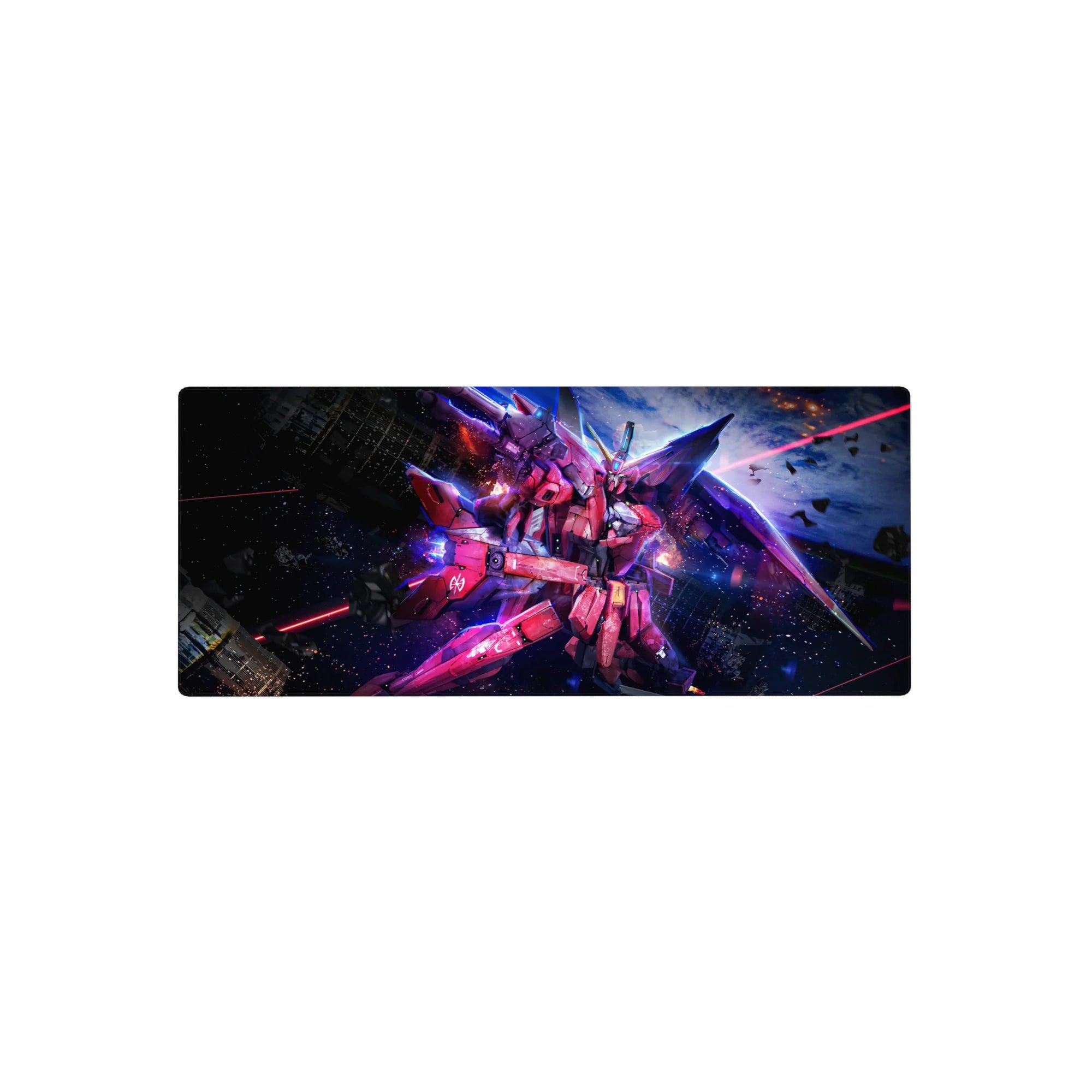 28x12 inches anime mouse pad with Infinite Justice Gundam cutting through starry space debris.