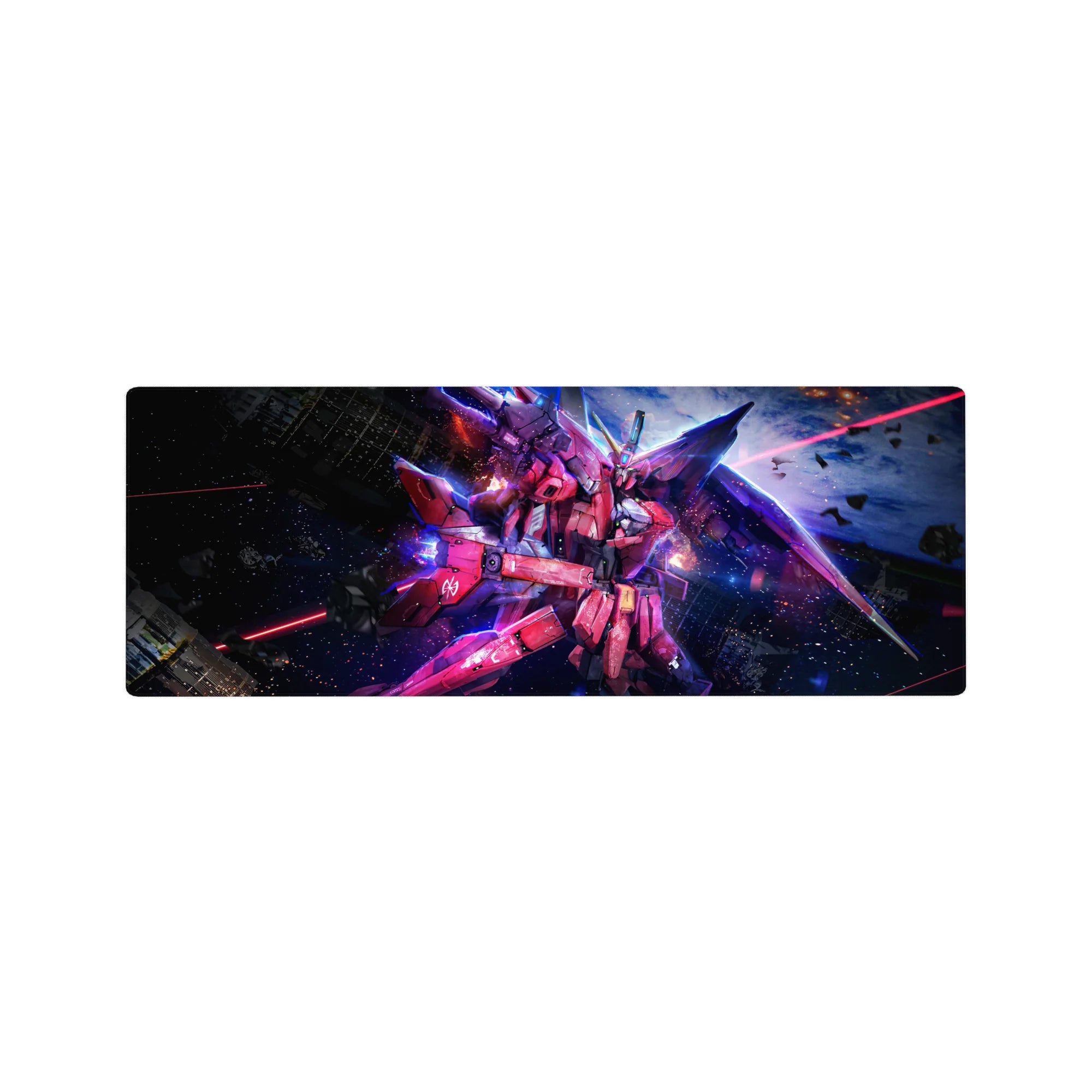 32x12 inches anime mouse pad with mecha in cosmic debris, neon blue highlights and cockpit-style sci‑fi art.