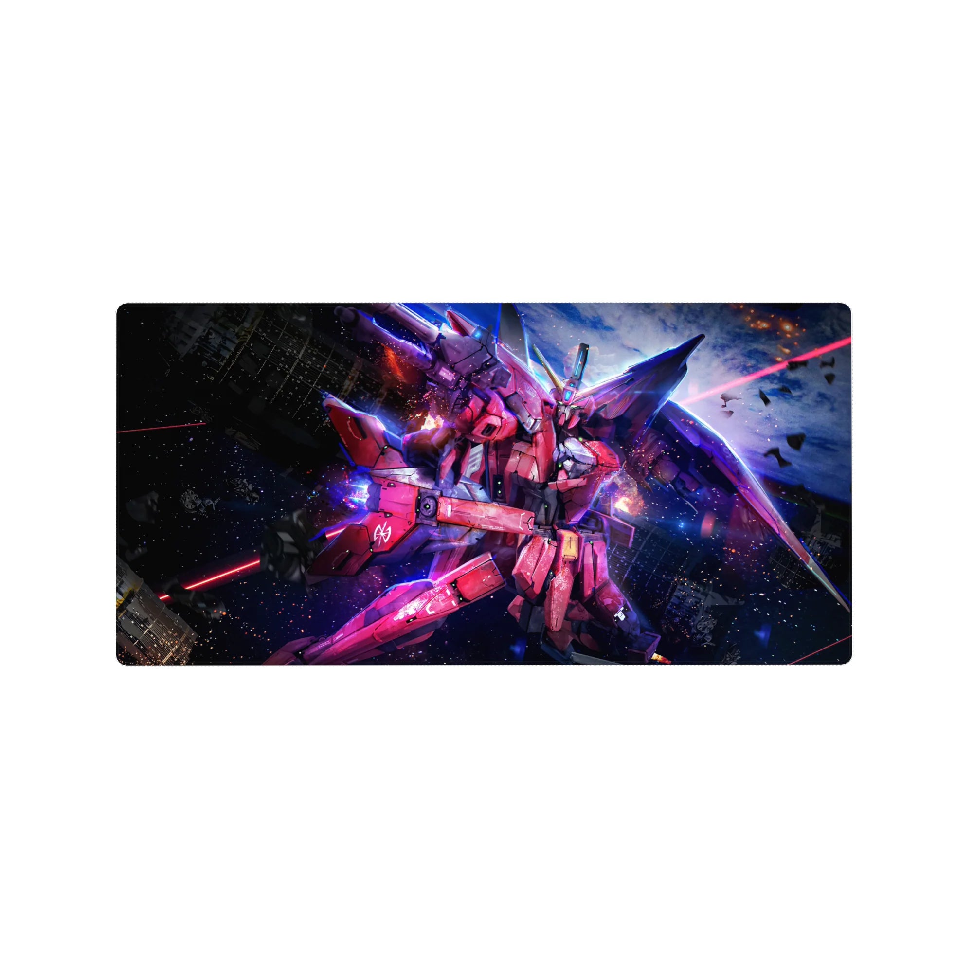 32x16 inches anime mouse pad with Infinite Justice Gundam cutting through starry space debris.