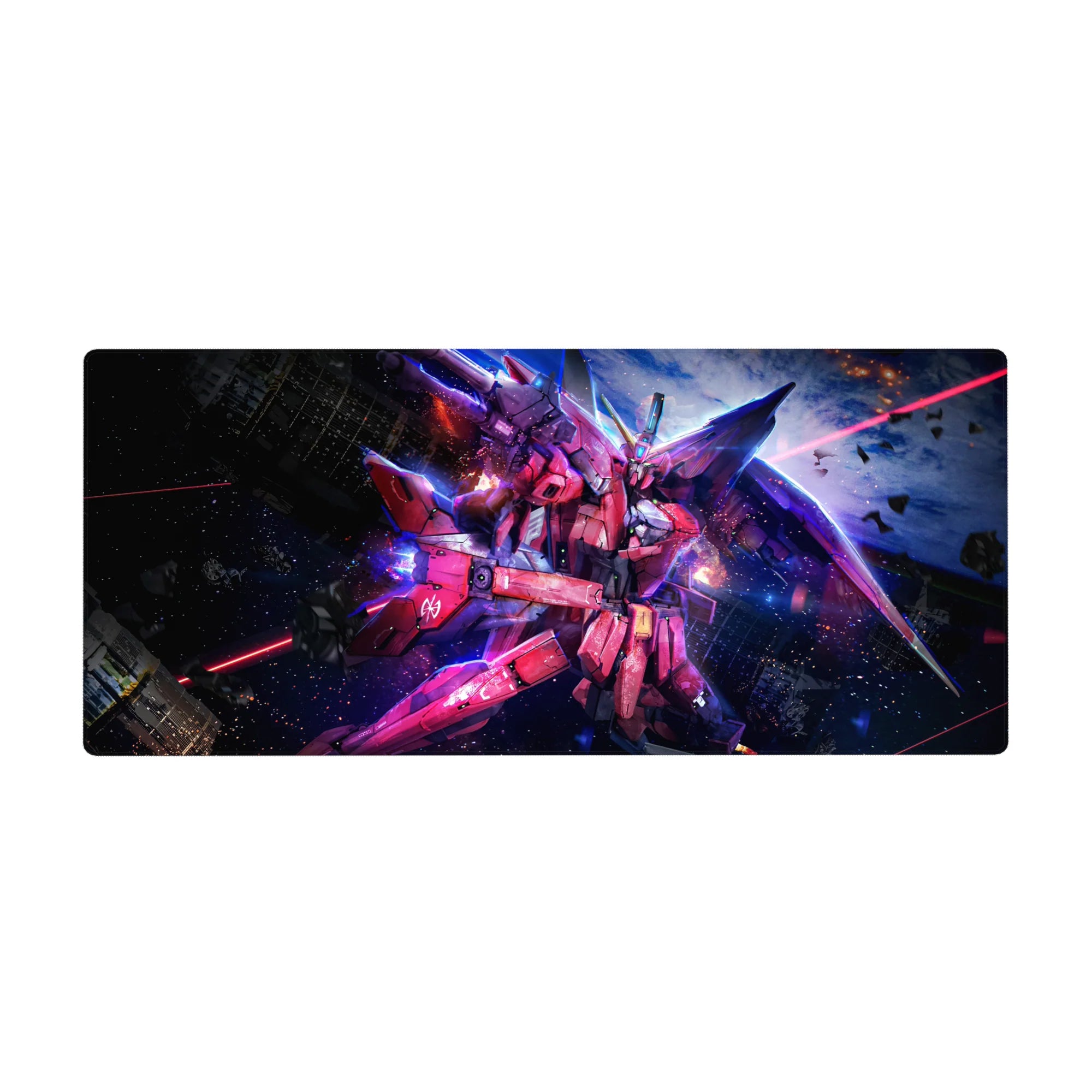 36x16 inches anime desk pad with Infinite Justice Gundam cutting through space debris and laser trails.