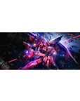 36x16 inches anime desk pad with Infinite Justice Gundam cutting through space debris and laser trails.