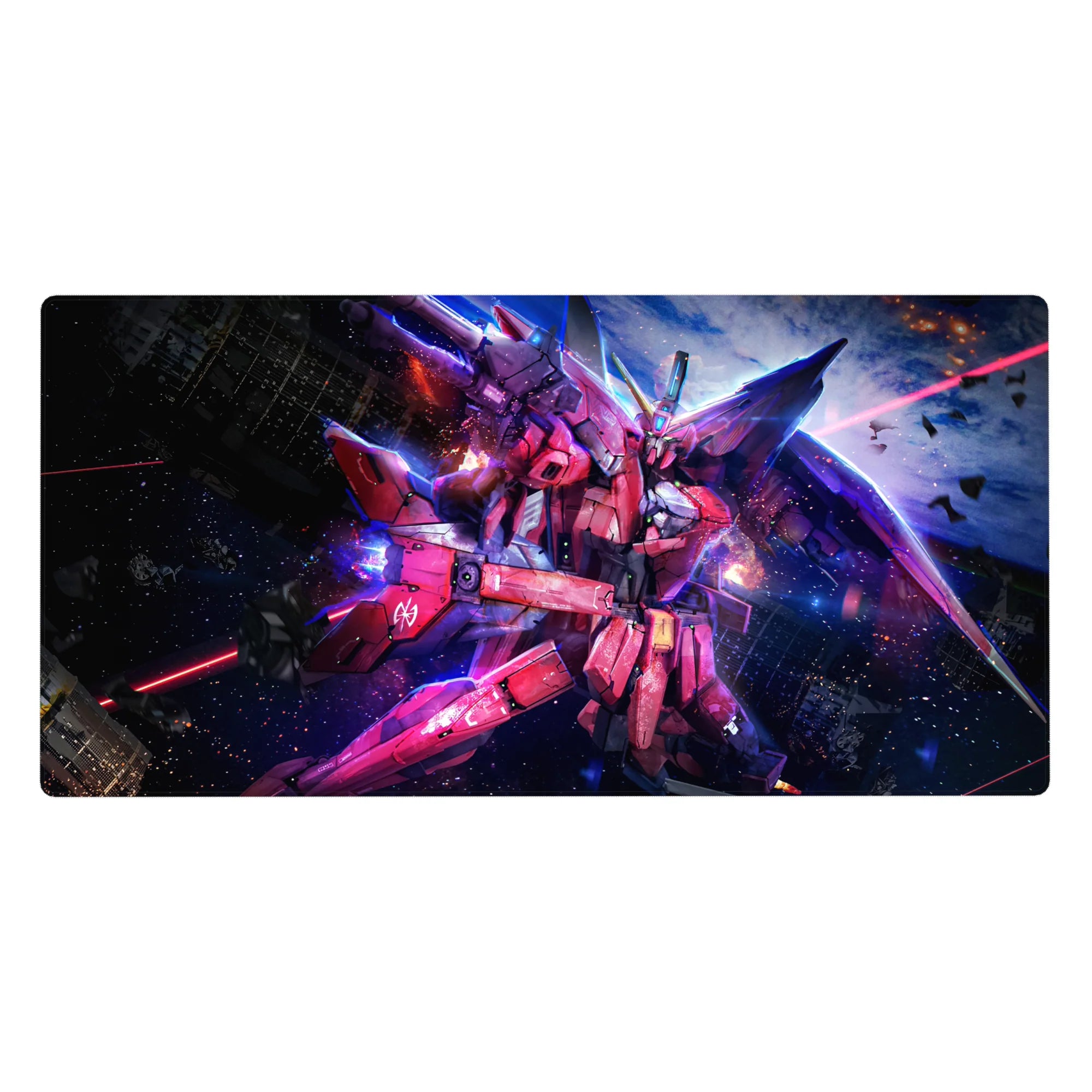 Anime desk pad 40x20 inches with mecha suit, neon blue highlights, sparks, and cosmic debris backdrop.