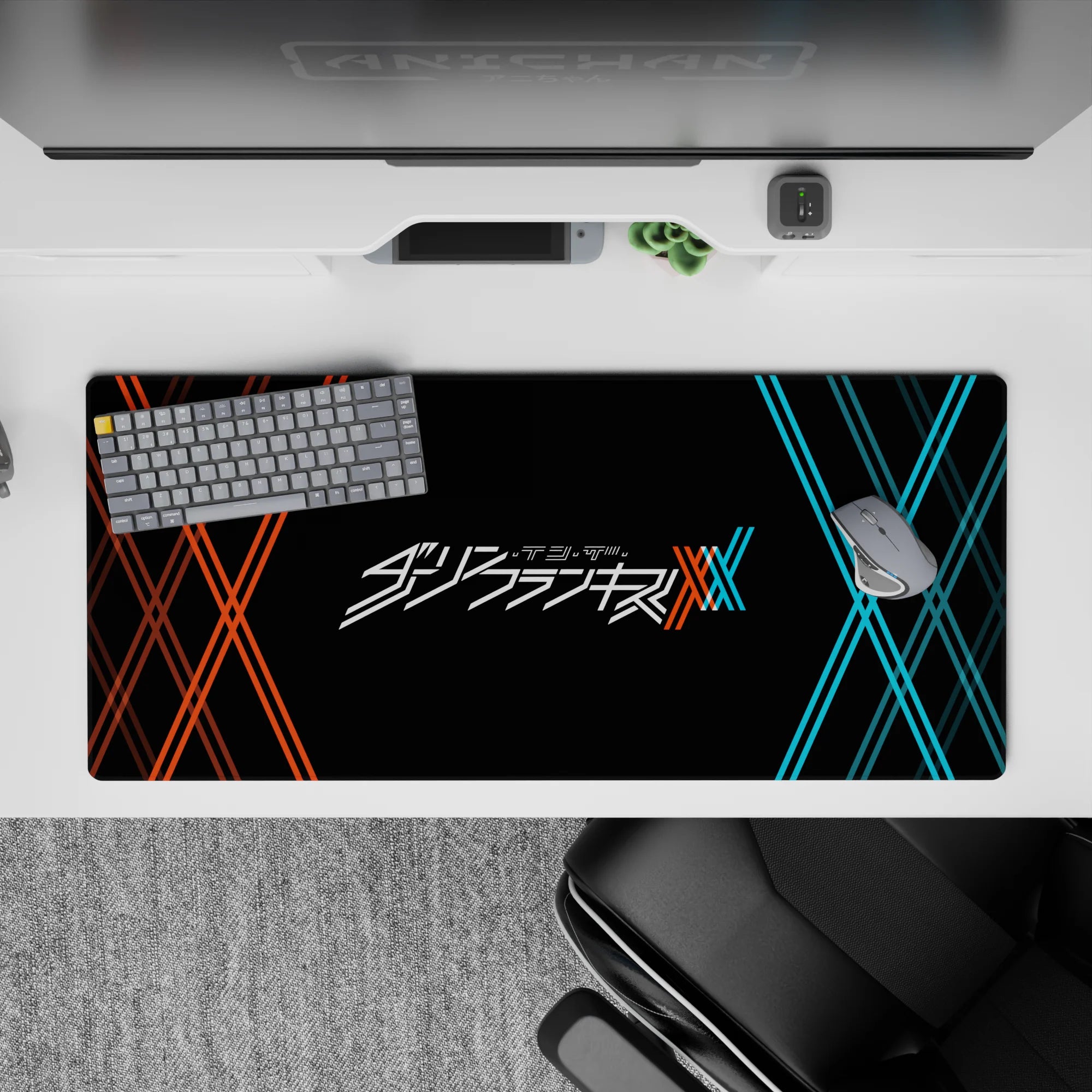 36x16 inches mouse pad with Darling in the Franxx logo, featuring bold red and blue XX patterns on a black backdrop for a modern, clean design.