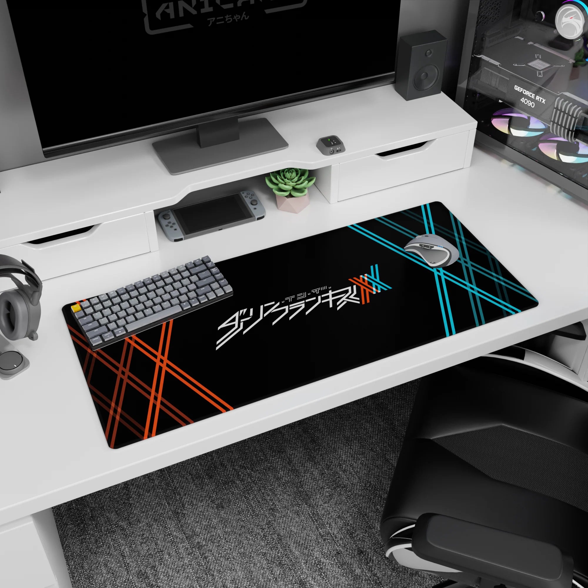 Artistic 36x16 inches mouse pad featuring Darling in the Franxx logo, with red and blue XX patterns on a deep black background for a futuristic vibe.