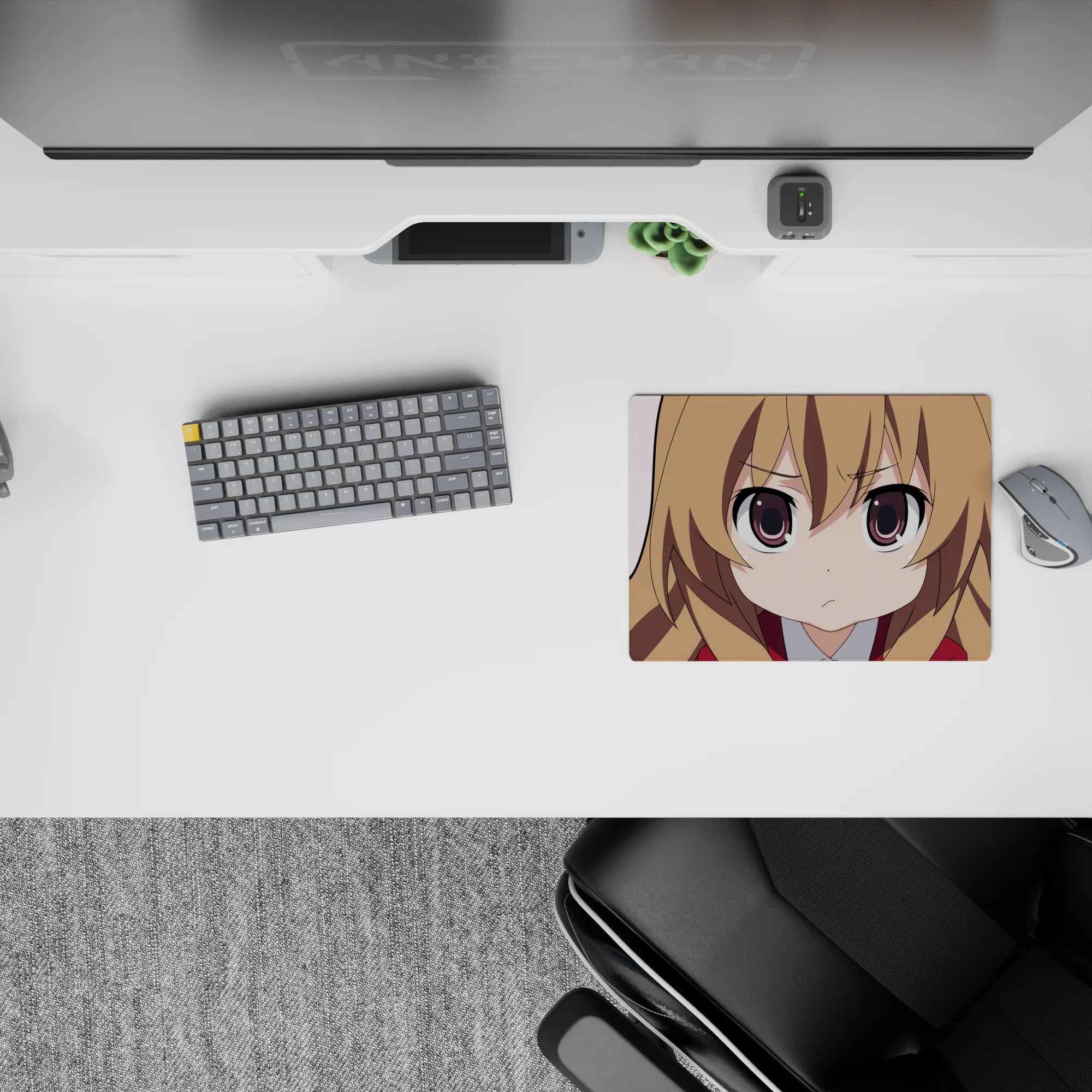 Cute pink 14x10 inches anime girl mouse pad, clean lines, warm browns, bright playful symbols.