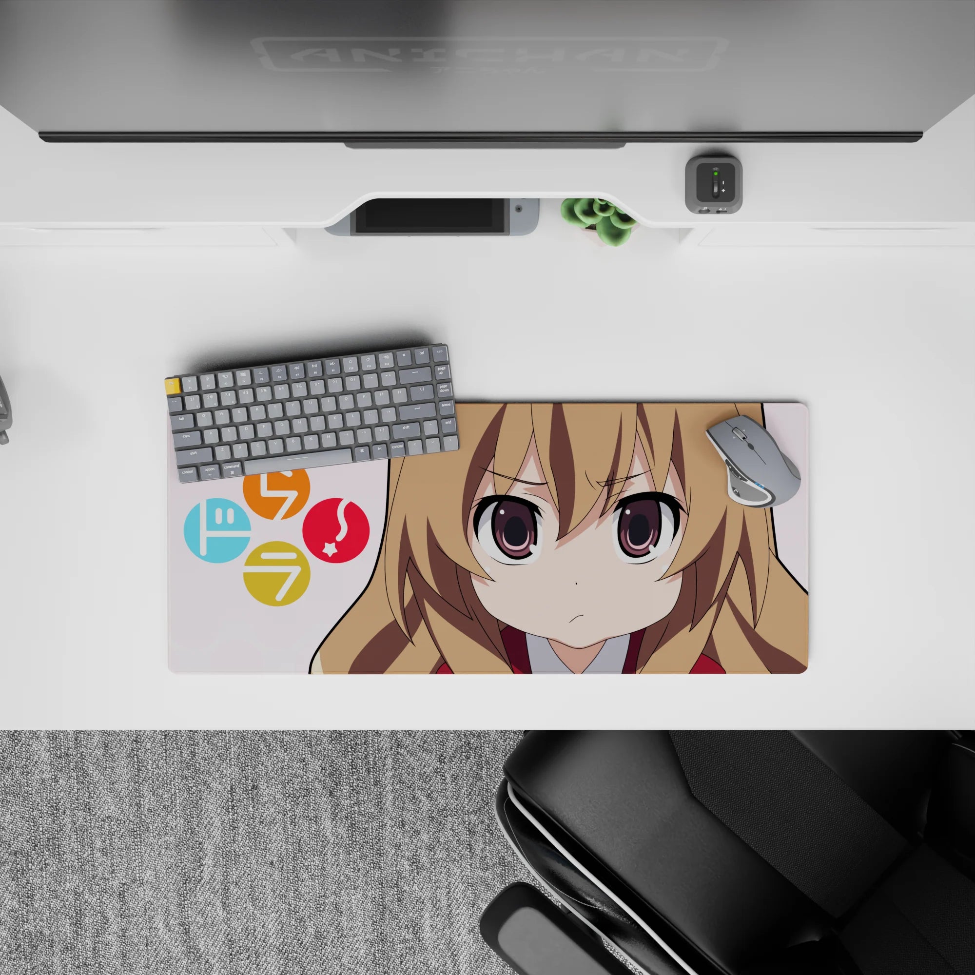 28x12 inches anime girl mouse pad in soft pink with bright candy symbols, warm browns, cute cozy vibe.