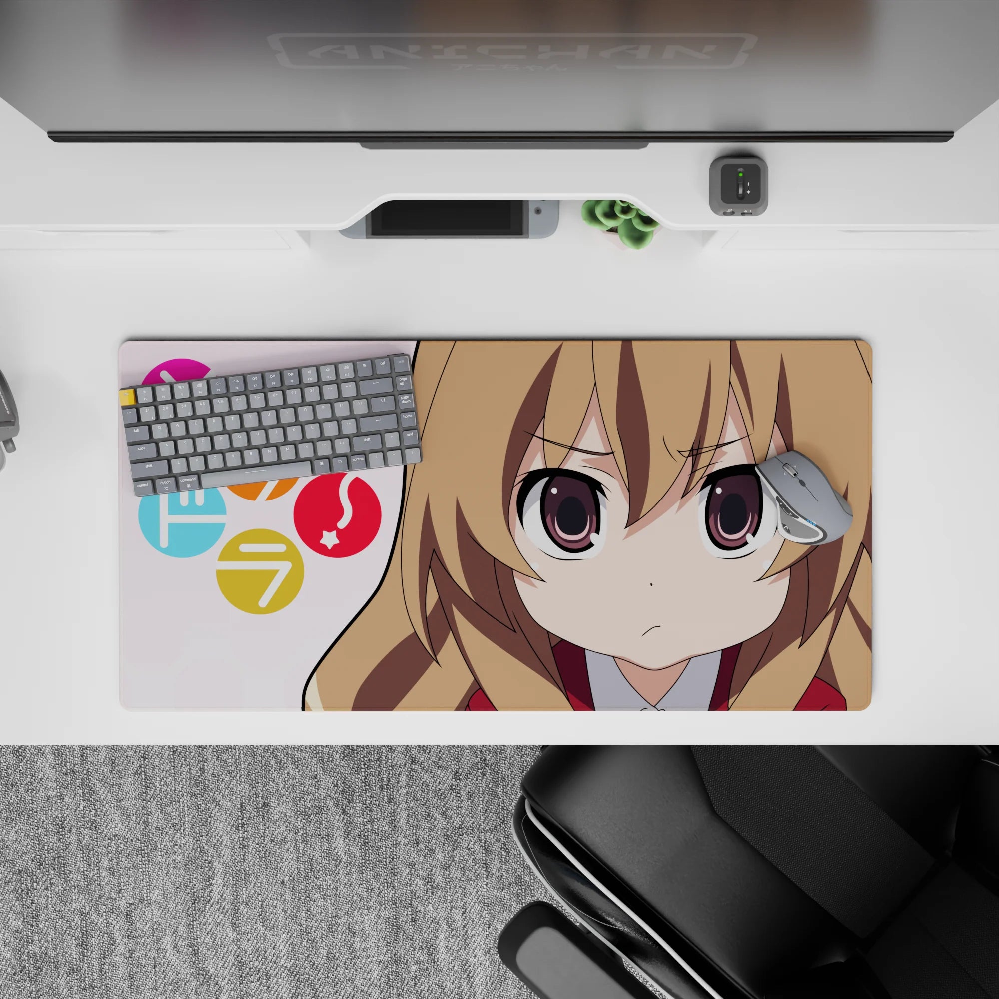 32x16 inches anime desk mat in soft pink with warm browns, bright symbols, and a cute cozy vibe.