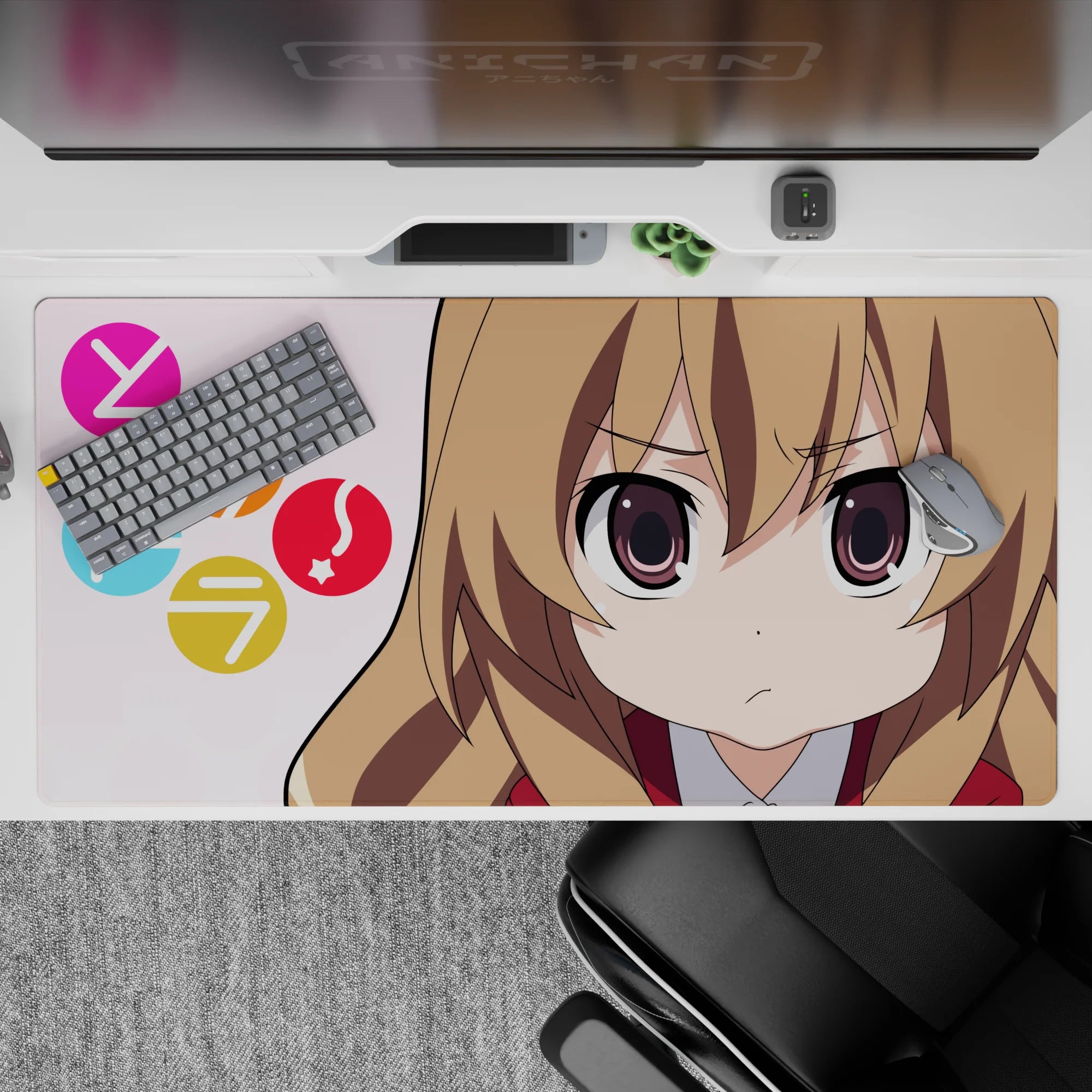 40x20 inches anime desk pad in soft pink tones, warm brown hair accents, bright candy dots, cute vibe.