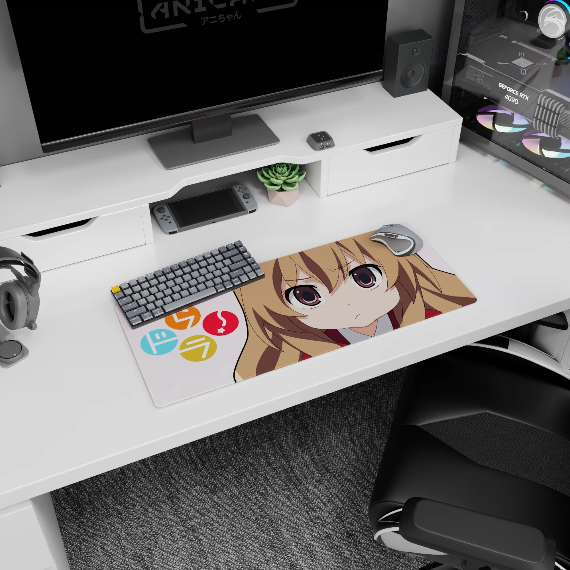 28x12 inches Toradora mouse pad featuring Taiga Aisaka judging pout, red uniform, big sparkly eyes.
