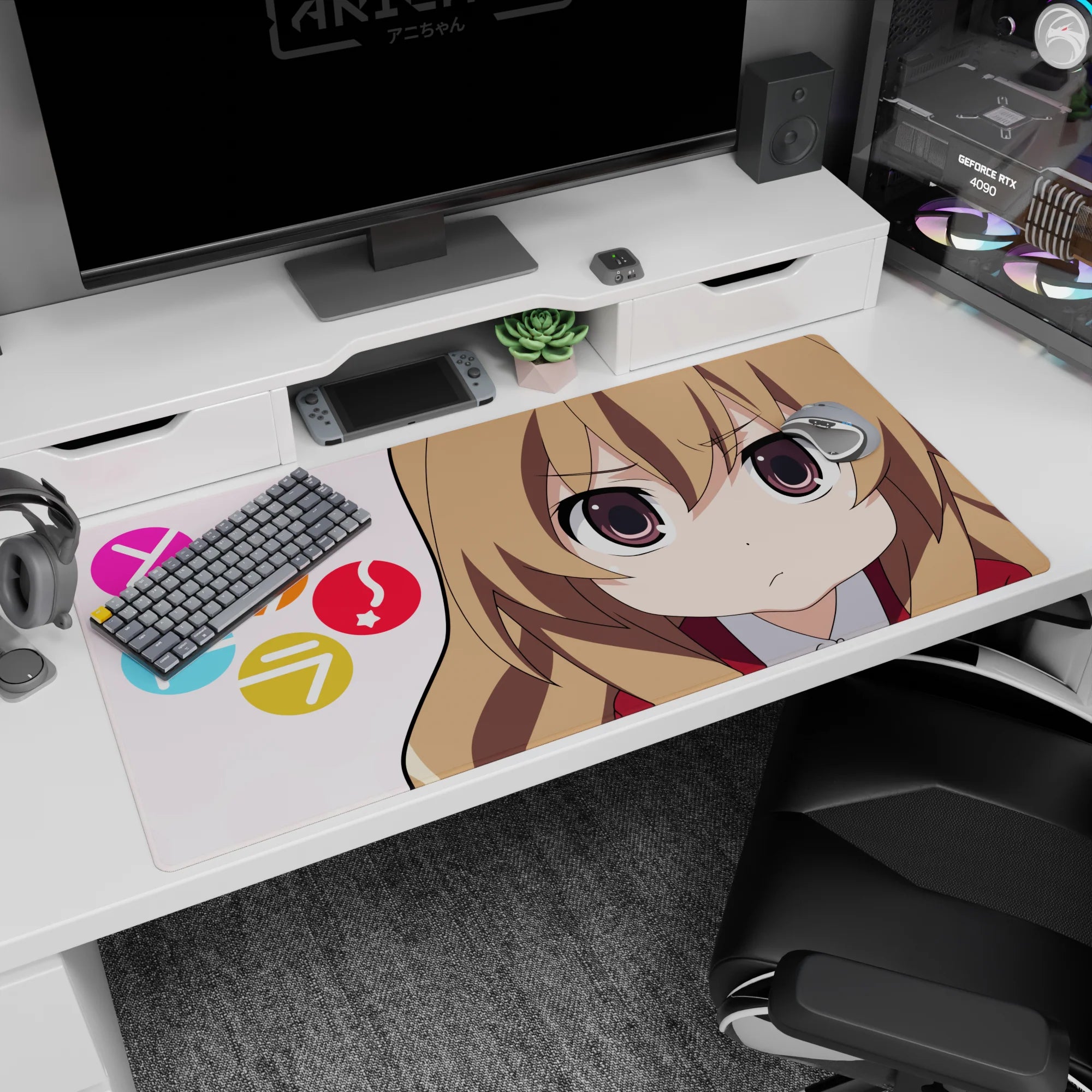 40x20 inches Toradora mouse pad featuring Taiga Aisaka pouting in a red uniform with sparkly eyes.