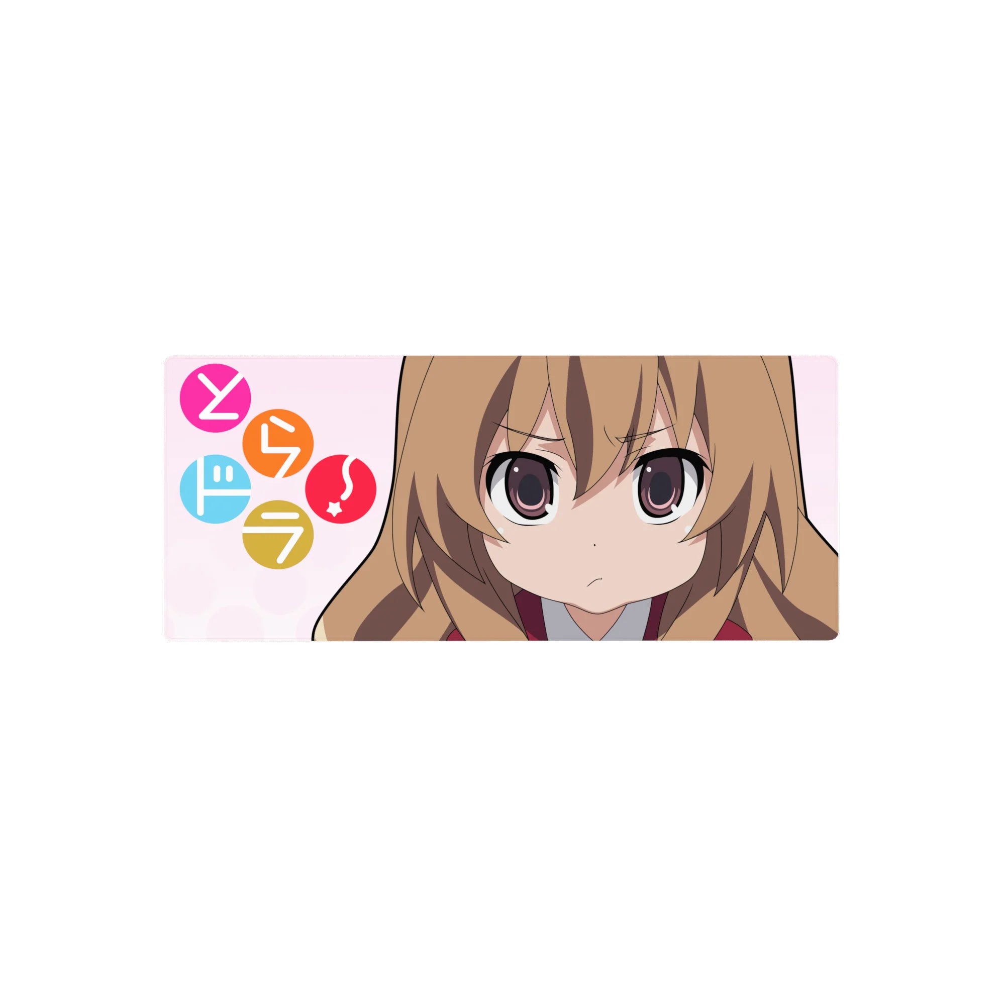 28x12 inches anime girl mouse pad with Taiga Aisaka, pink background, candy circles, clean kawaii design.