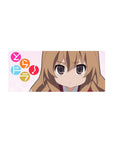 28x12 inches anime girl mouse pad with Taiga Aisaka, pink background, candy circles, clean kawaii design.
