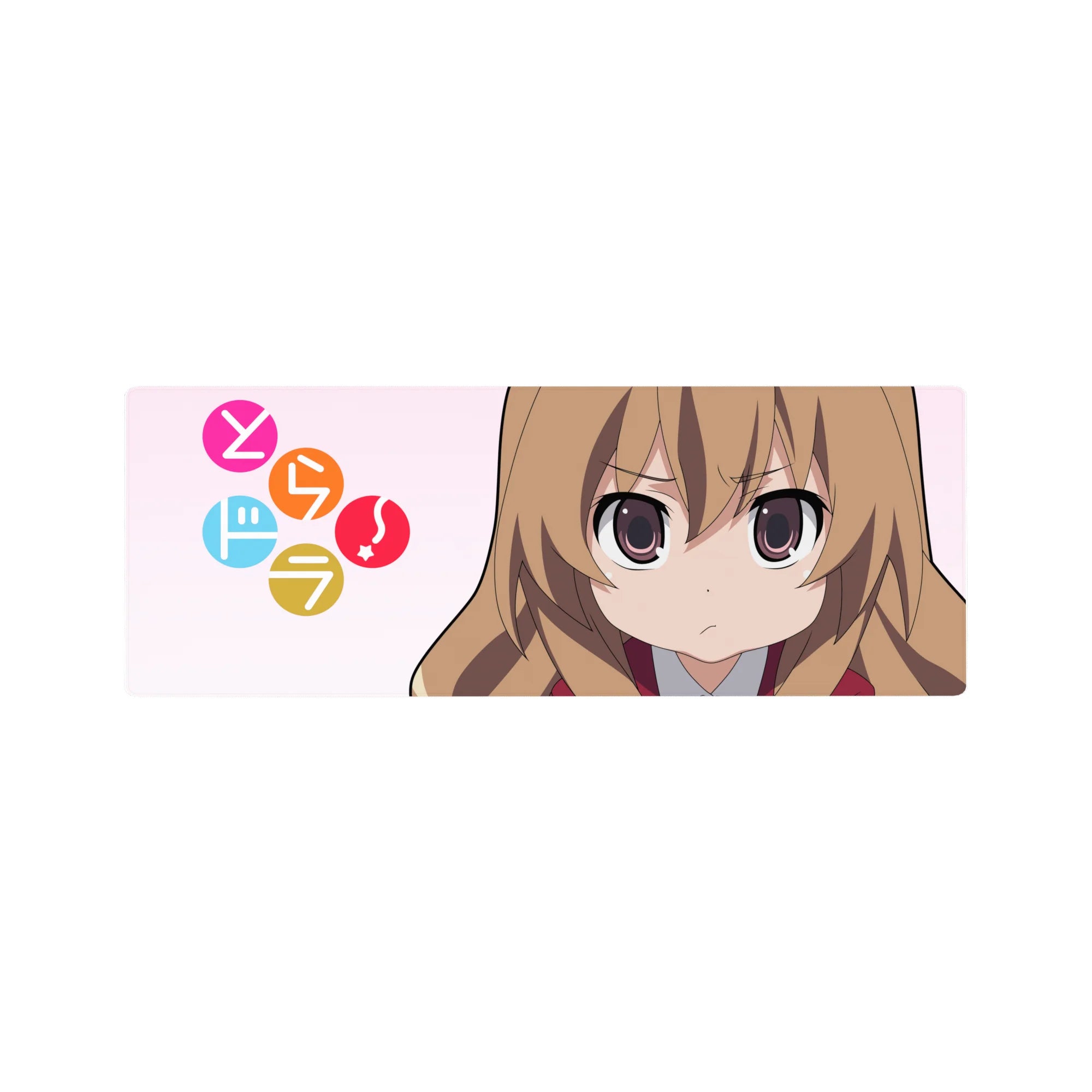 32x12 inches anime girl mouse pad with Taiga Aisaka, pink backdrop, candy circles, clean cute design.